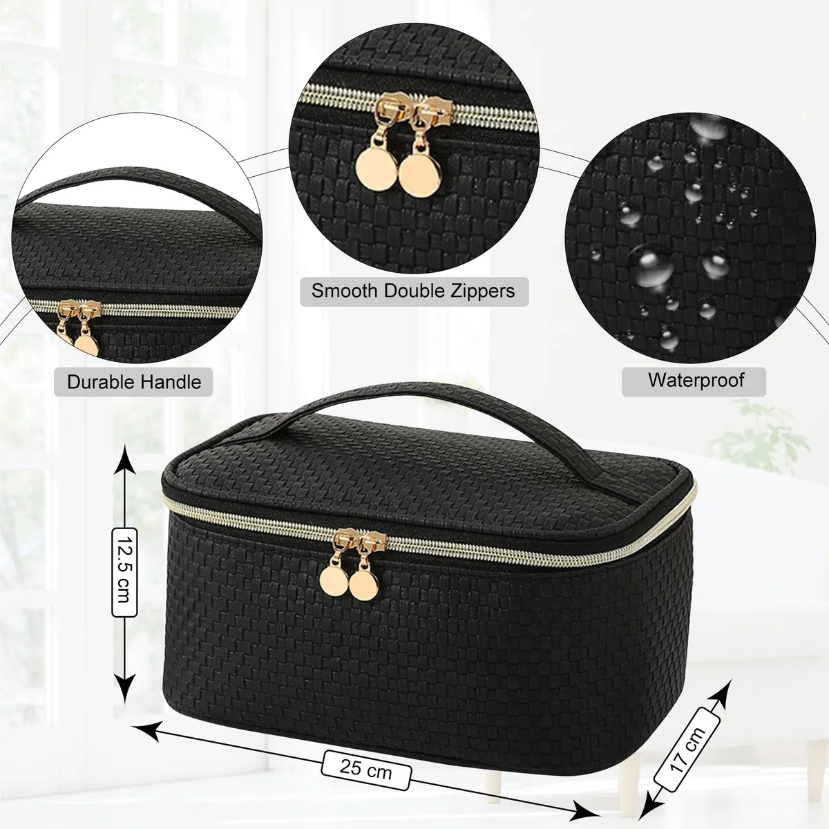 Neceser Maquillaje,Neceser Mujer Grande Viaje con Porta Brochas,Impermeable Bolsa de Maquillaje Organizador con Compartimento (Negro Elegante)