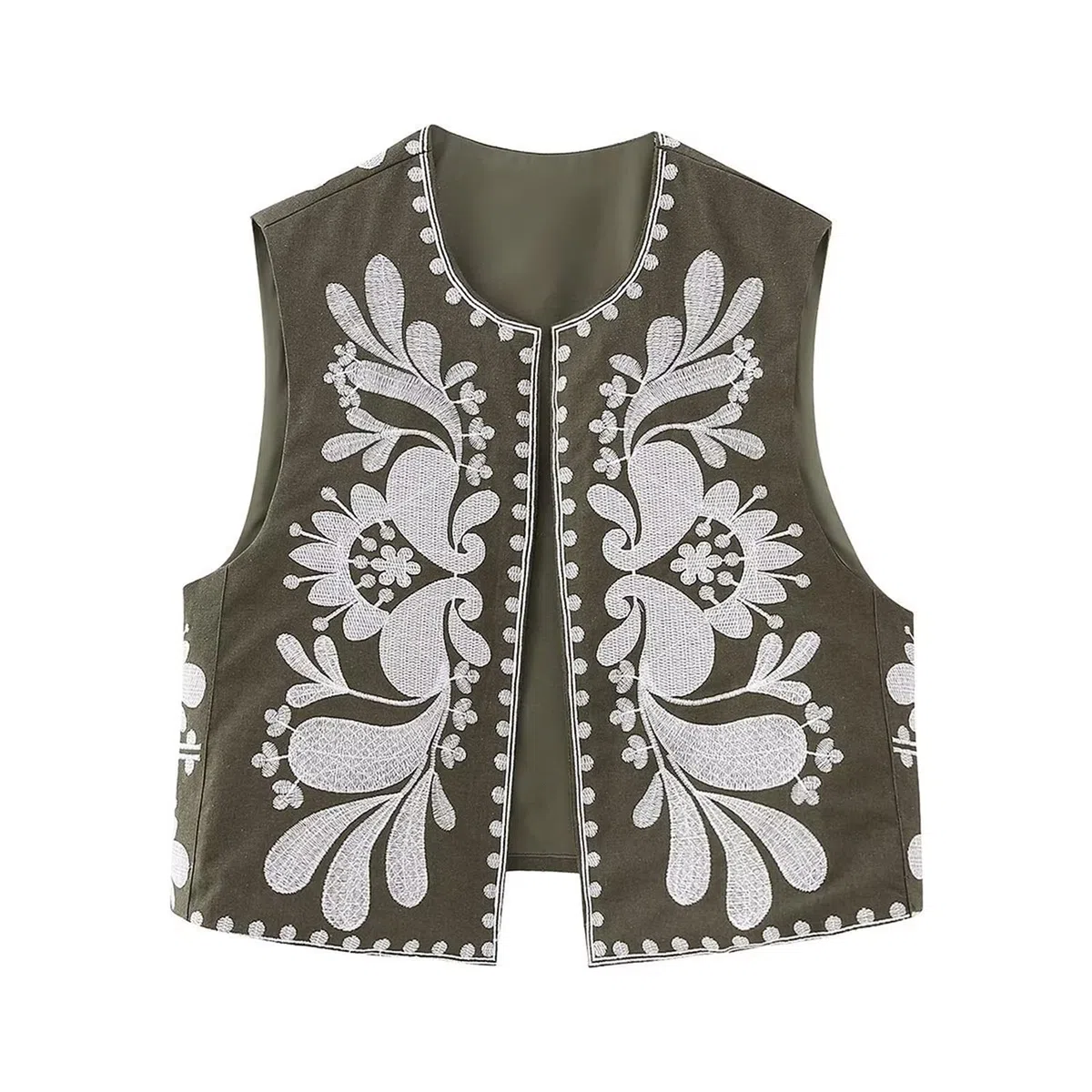 Y2K bordado lino recortado chaleco sin mangas frente abierto vintage estampado floral chaquetas outwear Gilet