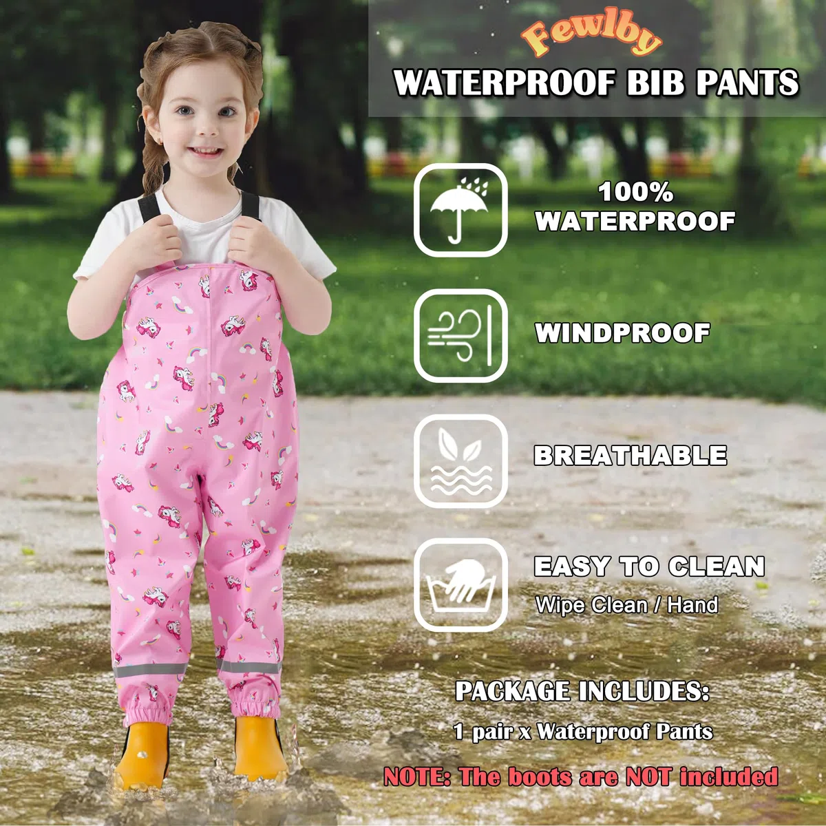 Fewlby Pantalon Impermeable Niños Niñas, Peto de Lluvia Pantalones Barro Mono Impermeable con Tiras Reflectantes Chubasquero Outdoor Traje Impermeable