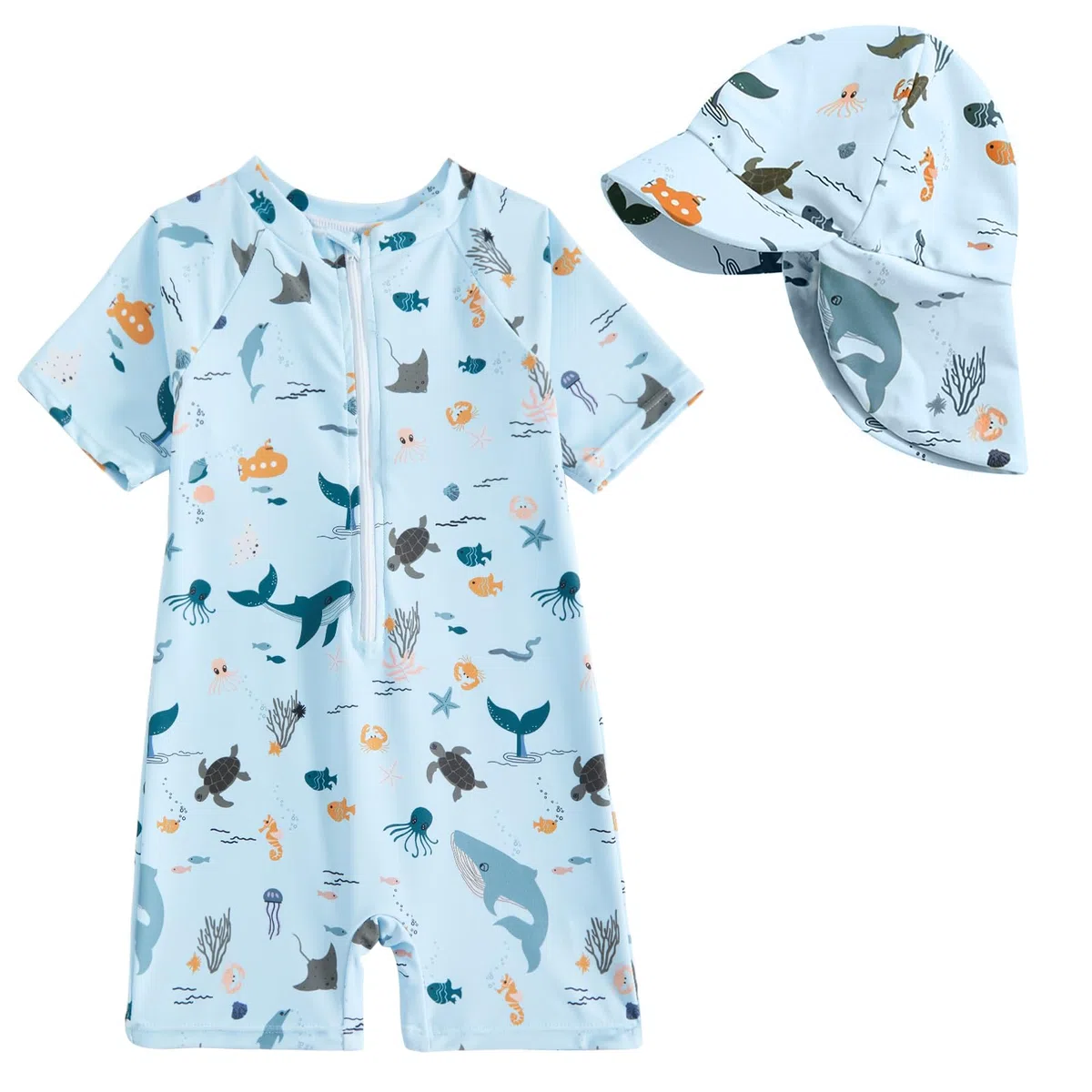 JiAmy Traje de baño para bebé niño con sombrero de sol de manga corta con cremallera, protección solar, playa, traje de baño de una pieza, 6M-5Y