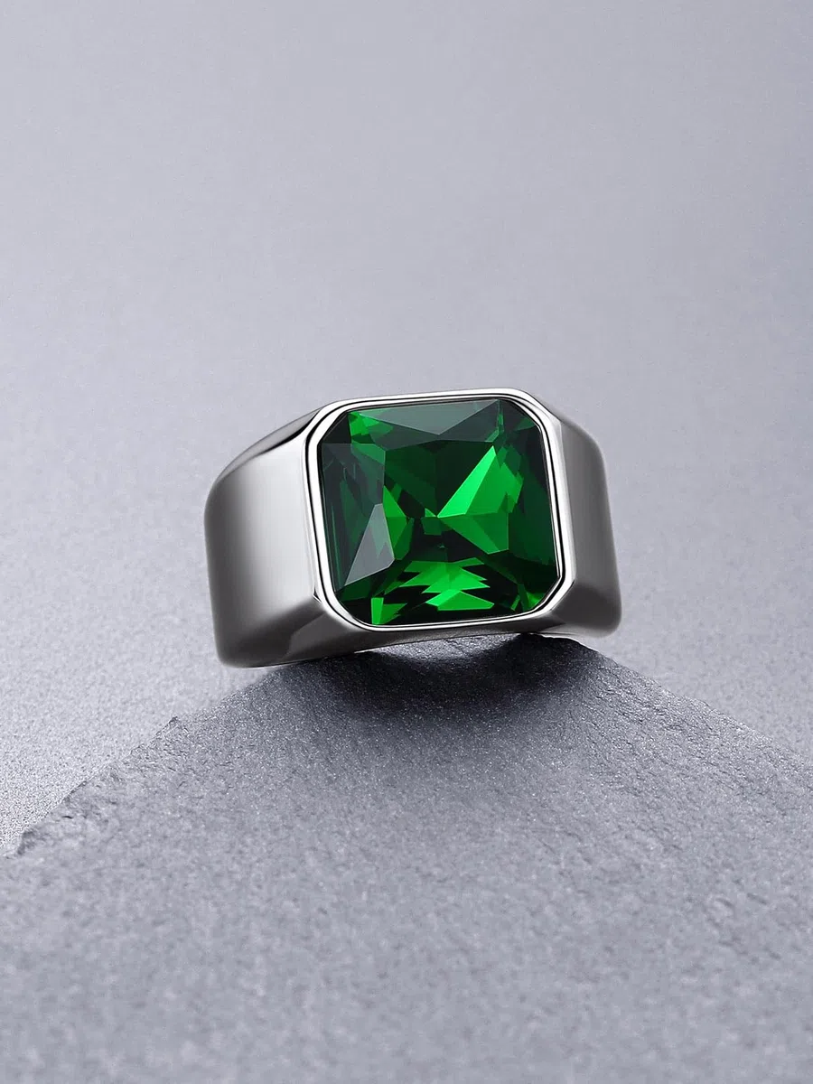 Bandmax Anillo con Piedra Verde/Rubí/Negro/Zafiro 12mm Ancho, Anillo Precioso para Hombre Mujer Tamaño 54mm a 72mm, Joyero Incluido