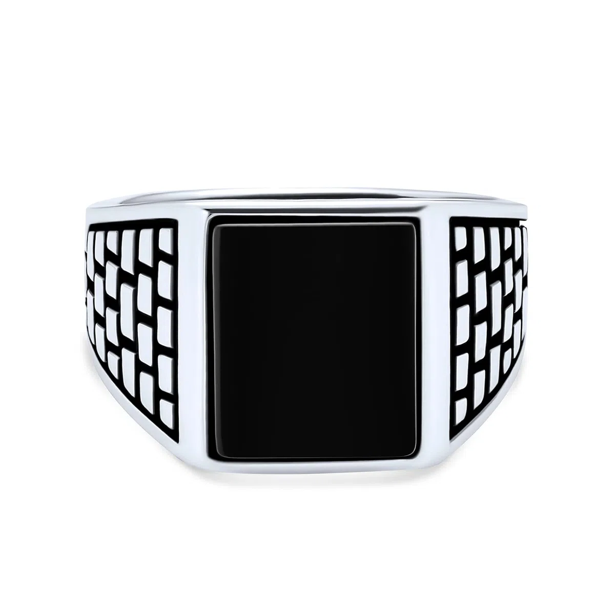 Personaliza anillo sello rectangular para hombre de piedra preciosa ónix negro con acento de ladrillo de piedra clásica retro elegante plata de ley .925 fuertemente oxidada hecho a mano en Turquía