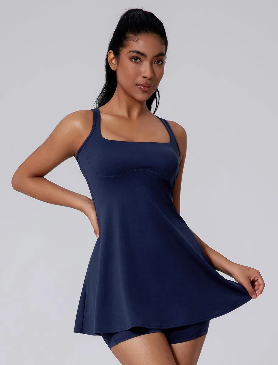 Vestido de tenis para mujer con pantalones cortos integrados y brasier sin mangas, vestidos deportivos acampanados y pantalones cortos separados, 2 piezas, pickleball, golf, atletismo