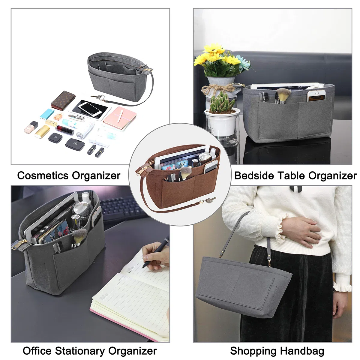 Organizador de Bolsos de Fieltro Organizador de Bolsos de Fieltro Insertar organizadores de Bolsos Bolso de Mano de Bolsillos múltiples para Mujeres(Café,Medio)