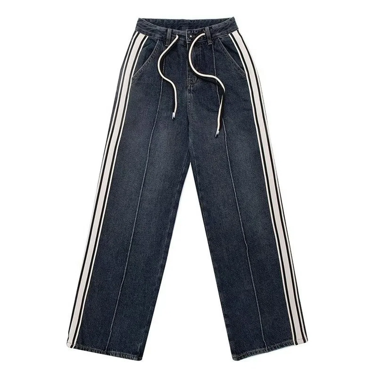 Vaqueros Retro Rectos con cordón de Talla Grande para Mujer en Primavera y Verano para Pantalones Anchos de Pierna Ancha a Rayas, Rectos, Sueltos, Lavados Oscuros, de mm gordos-Azul Gris-M