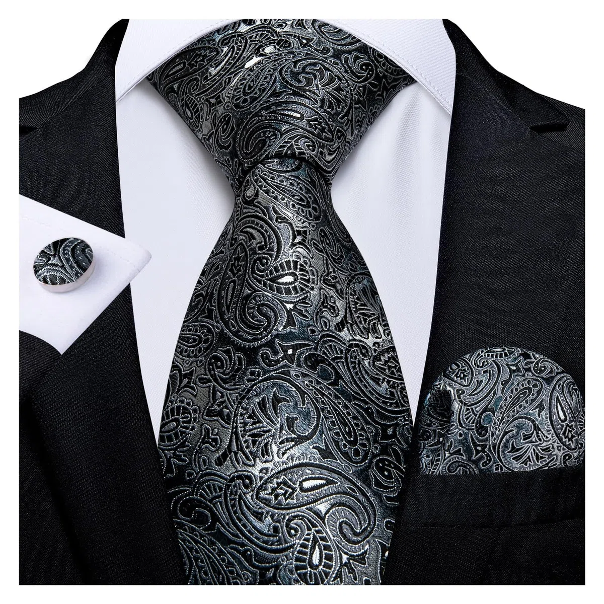 BAFAFA Corbatas de seda paisley azul plata para hombre 8 cm corbata de boda formal de trabajo conjunto pañuelo gemelos regalo for hombre
