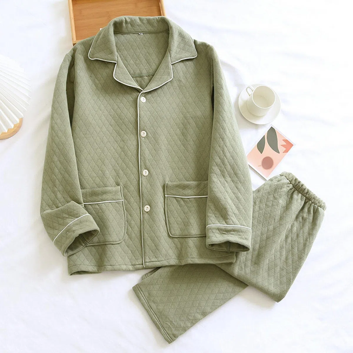 MOGSA Pijamas para mujer, pijamas de tres capas, acolchadas, para otoño, invierno, de algodón grueso, casual, ropa de hogar, para hombre