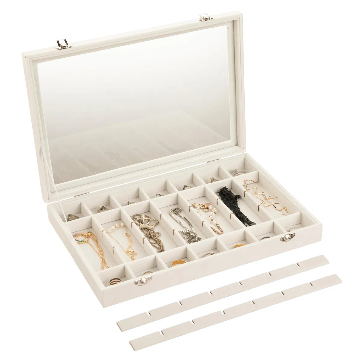 Frebeauty Bandeja de joyas 35 casillas caja de almacenamiento de joyas de terciopelo, caja de exhibición de collar de pulsera femenina con cajón de joyas con tapa transparente (35 casillas blancas)