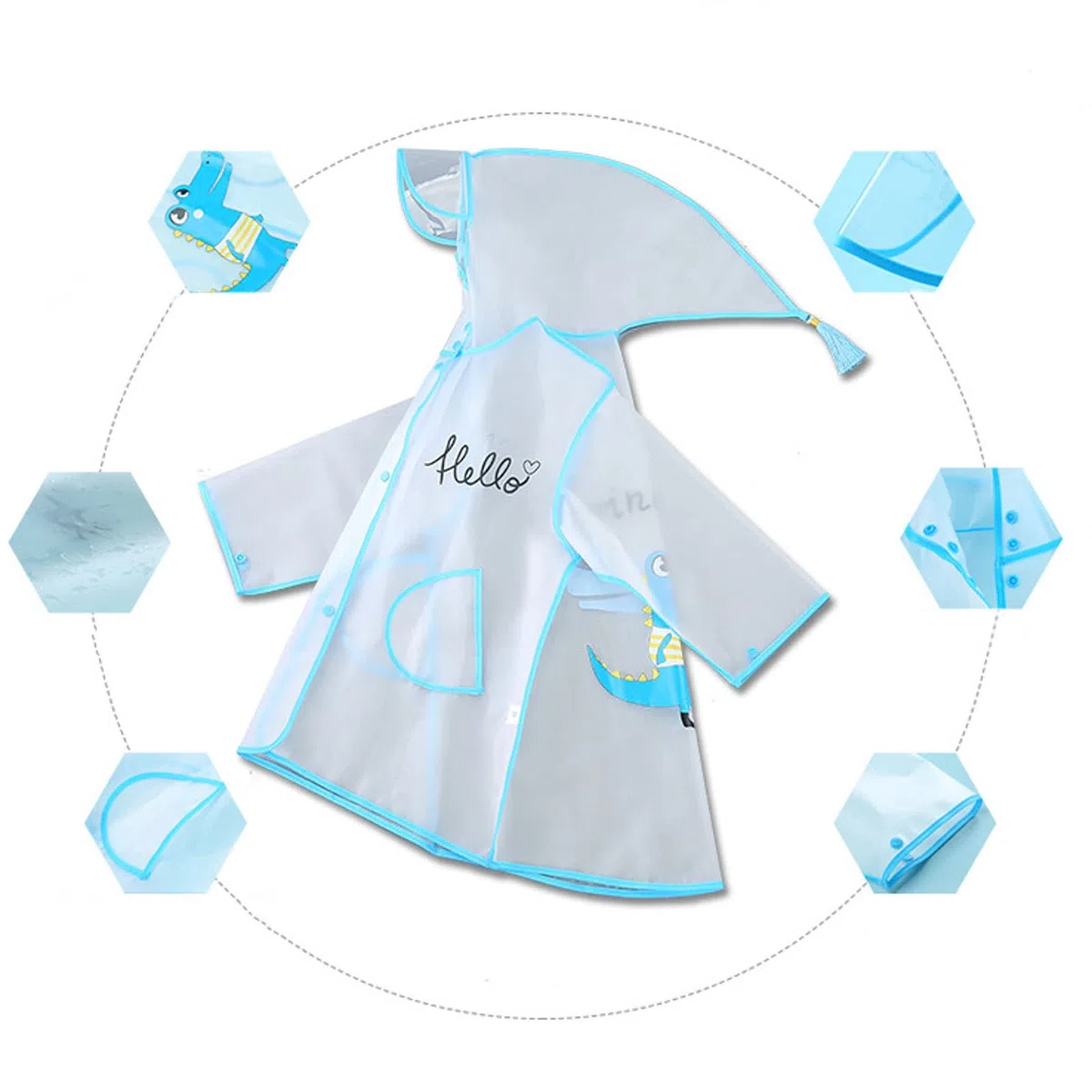Capa de lluvia para niños y niños, chubasquero niño niña dibujos animados conejo patrón eva transparente poncho con sombrero moda transparente azul Jack