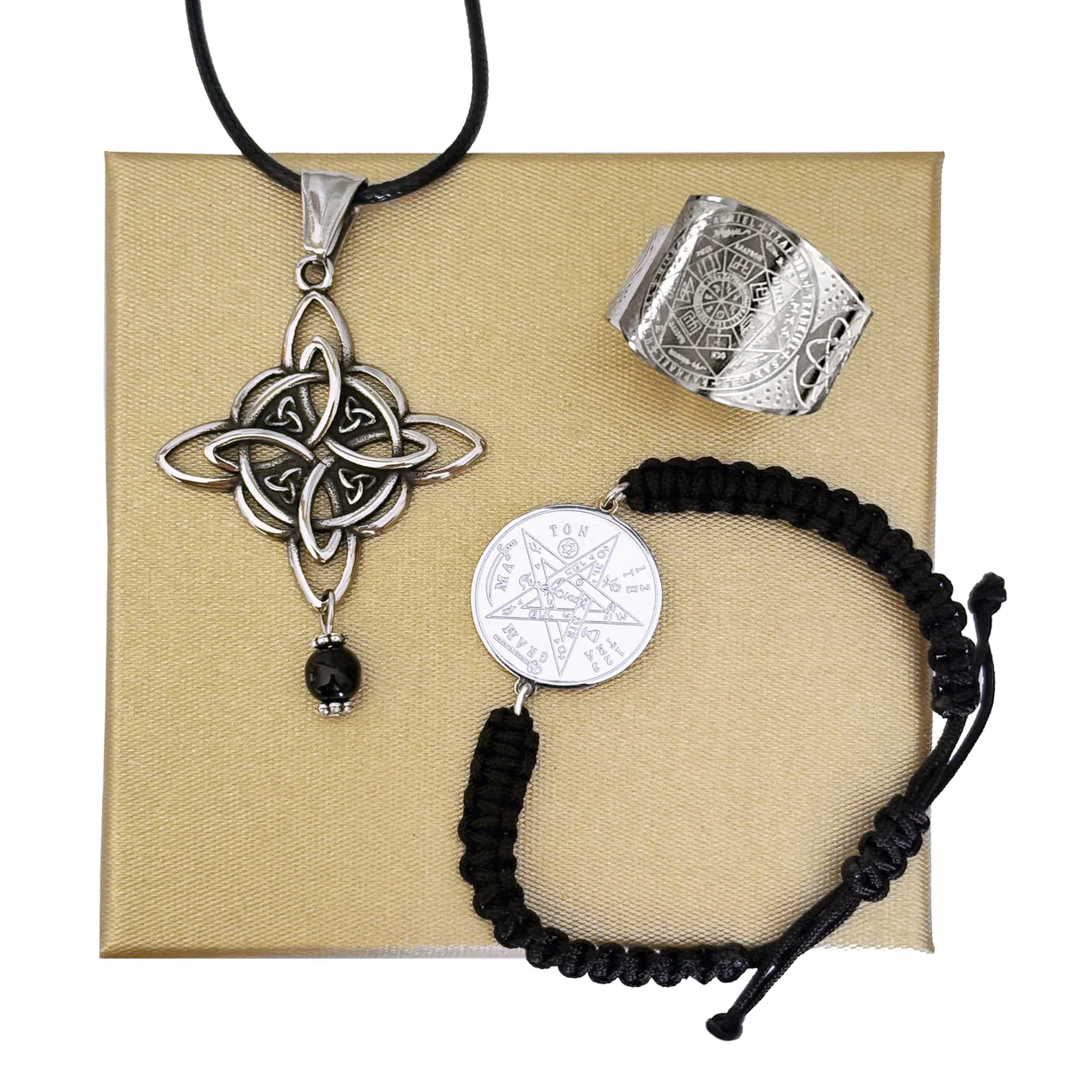 Simboliks Pack de 3 piezas: Triple Protección Esotérica, Colgante Nudo de Bruja con Ónix, Pulsera Tetragramatón y Anillo Sello de 7 Arcángeles, Acero Inoxidable, Amuleto contra Mal de Ojo y Hechizos