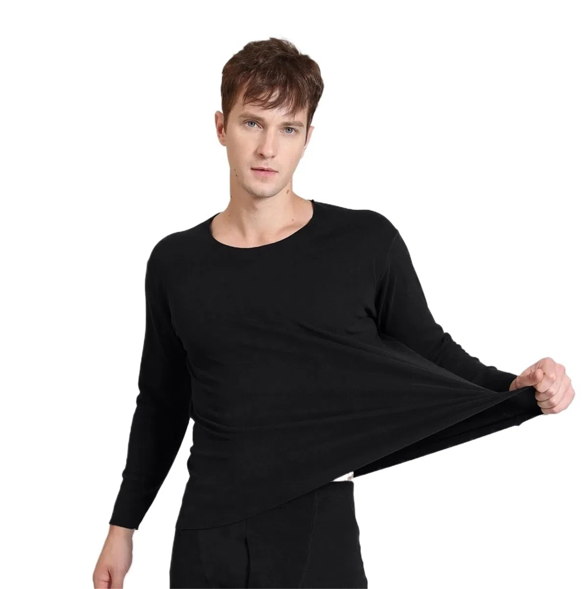 Conjuntos Térmicos Para Hombre Otoño Invierno ropa interior térmica de manga larga sin costuras for hombre talla grande cuello redondo ropa fina de otoño Top Para El Running, El Esquí(Black,7XL (135-1