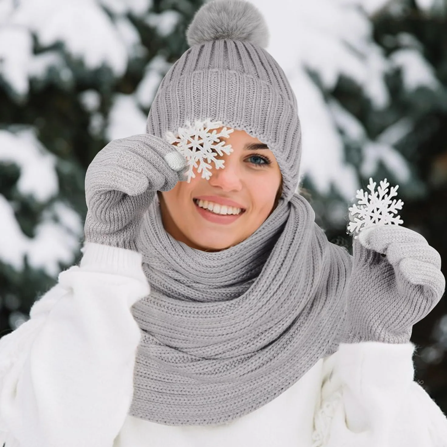 Gorro Bufanda De Punto Guantes Invierno Set, 4pcs Conjunto Esqui Mujer con Guantes Pantalla Táctil y Calcetines Térmicos, Conjunto Gorro Calavera para Mujer Deportes Aire Libre