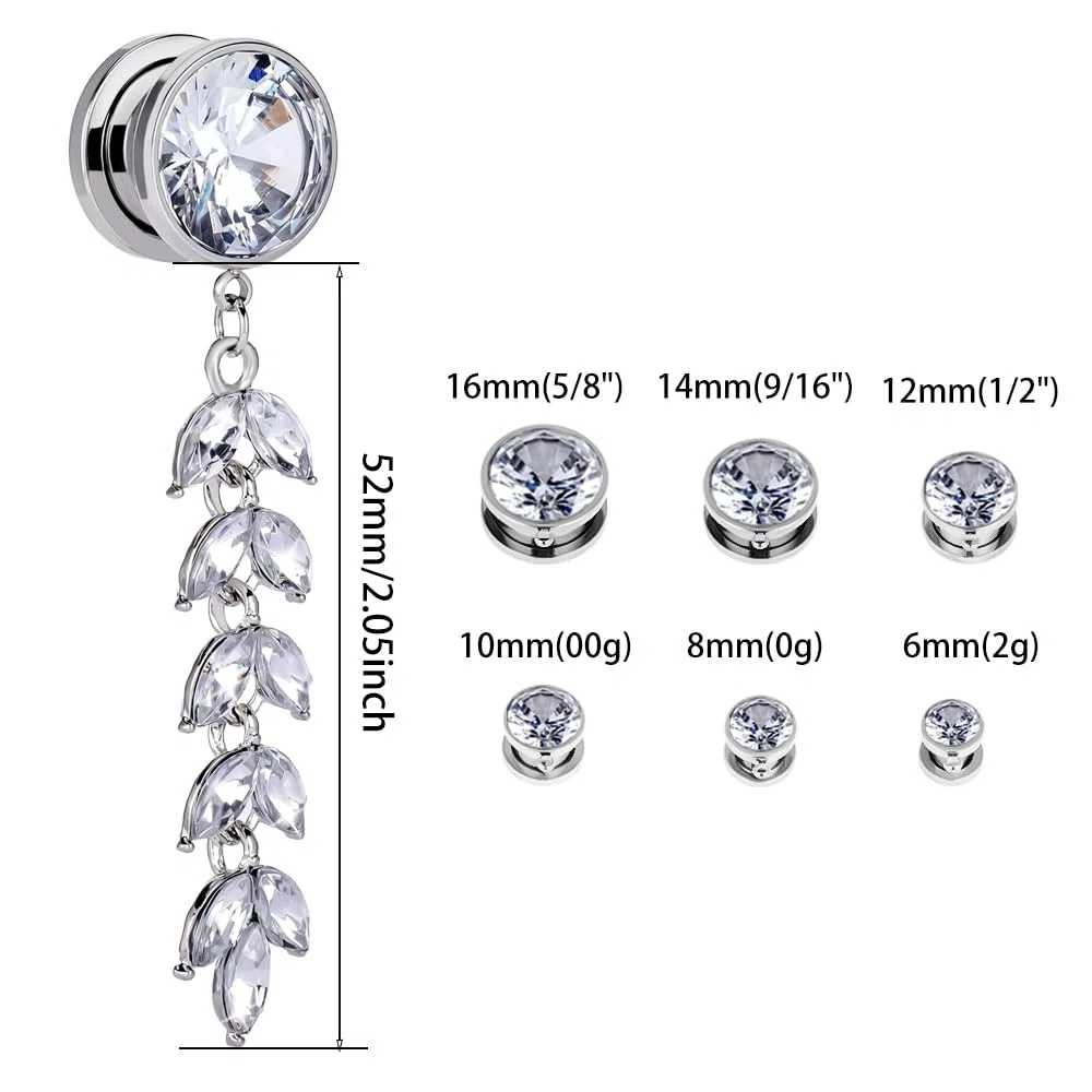 Vankula Dilatador de oreja con colgante, 1 par de dilatadores de plata con circonita blanca, de acero inoxidable, para hombres y mujeres, de 6 a 16 mm