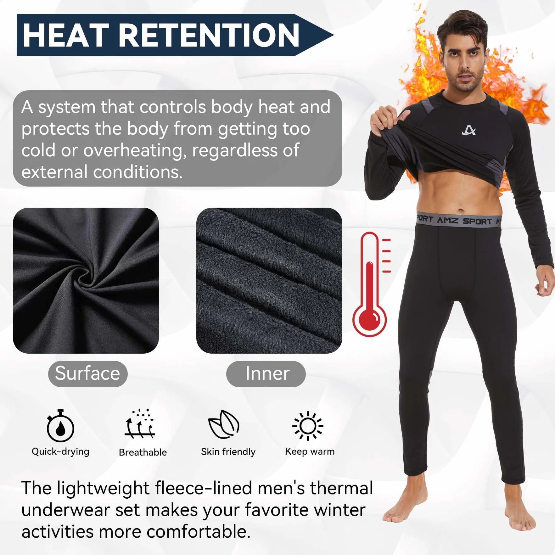 AMZSPORT Ropa Interior Térmica Hombre Conjunto, Camisa y Pantalón de Compresión Funcional de Secado Rápido para Esquí Montaña Ciclismo Fitness