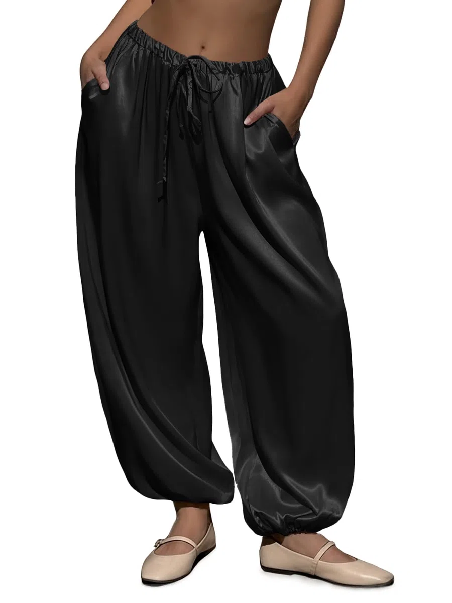 Fisoew Pantalones harén de satén para mujer, cintura elástica holgada, con cordón y bolsillos