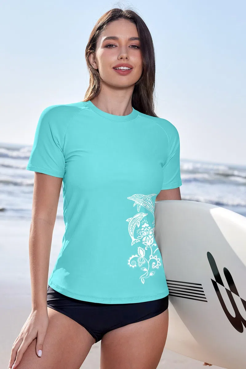 BesserBay Camiseta de manga corta Rash Guard para mujer, con bonitos estampados, con protección UV UPF 50+, tallas S-XXL, azul