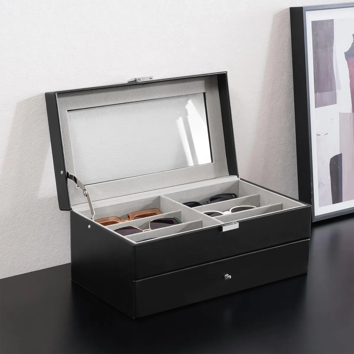 ProCase Caja Gafas, Expositor Gafas de Sol, Organizador Sunglasses 12 Compartimentos 2 Capas, Estuches para Gafas, Joyería, Reloj, Guardar Llaves Regalo Ideal para Mujeres Hombres -Negro