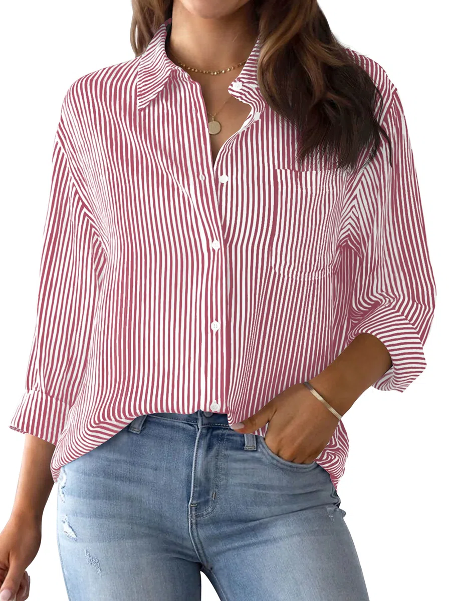 NONSAR Blusa Elegante de Mujer,de Manga Larga, a Rayas, con Botones, Informal, para Oficina, Trabajo, de algodón