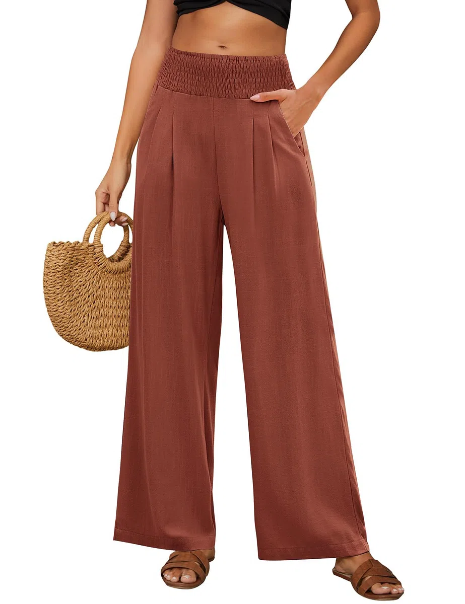 Pantalones Mujer Verano Algodón Lino Pantalón Suelto Cómodos Cintura Alta Elástico Casual Pantalones Flojo Playa Pantalones Anchos Largos