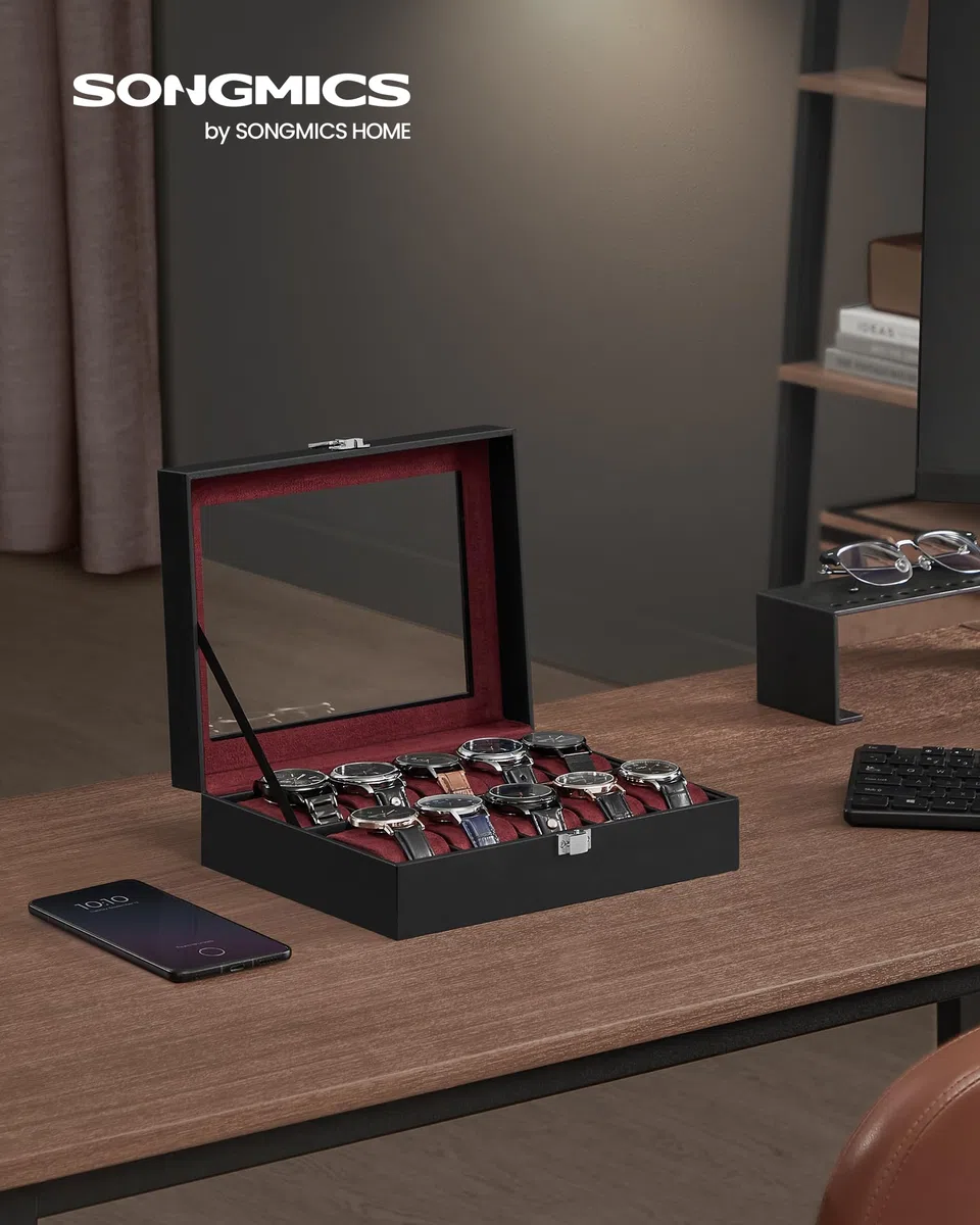 SONGMICS Caja de reloj, caja de reloj de 10 ranuras con tapa de cristal grande, almohadas de reloj extraíbles, organizador de caja de reloj, regalo para seres queridos, cuero sintético negro, forro