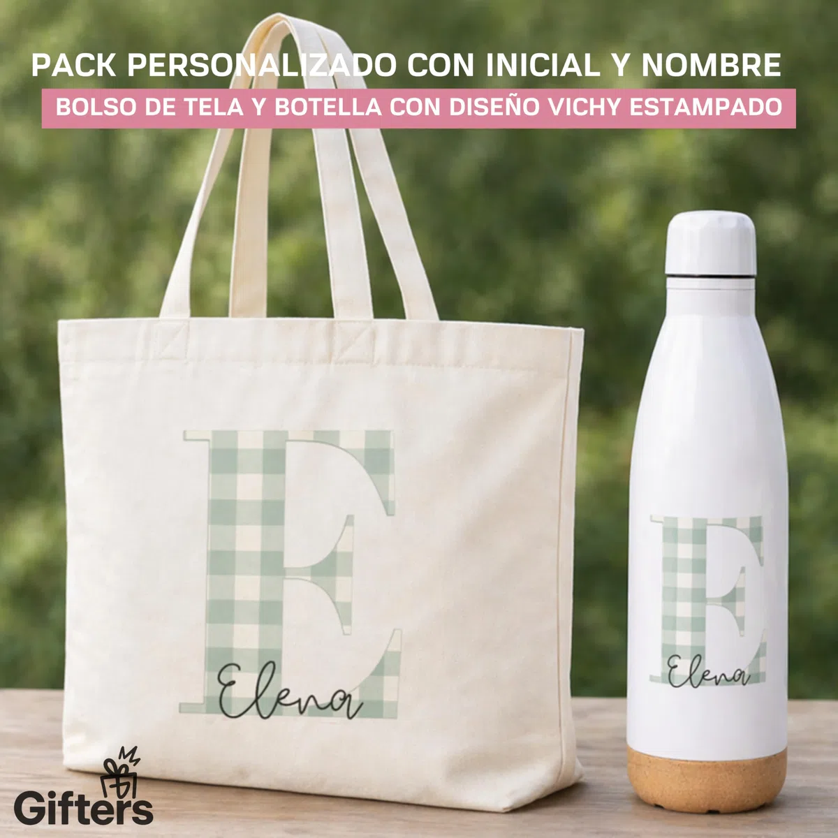 Gifters | Pack Bolsa y Botella Personalizadas con Inicial y Nombre | Estampado Cuadros Vichy | Tote Bag + Botella Acero Inoxidable 750 ml | Regalo Original Mujer, Amiga, Madre, Navidad, Cumpleaños