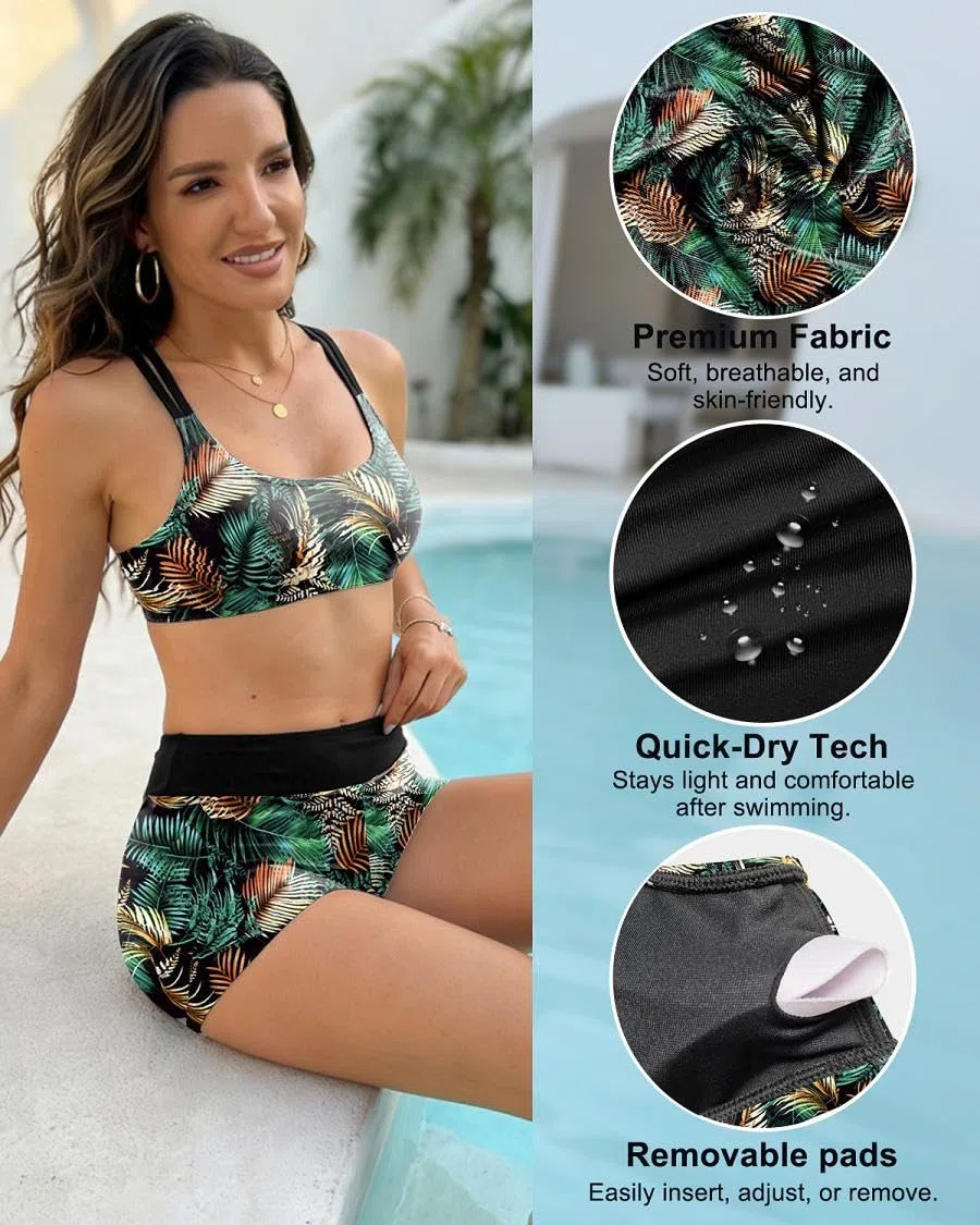 Conjunto de Tankini para Mujer 3 Piezas Cuello Redondo Traje de Baño Push up y Pantalones Cortos de Baño de Cintura Alta Bañador Reductor Barriga