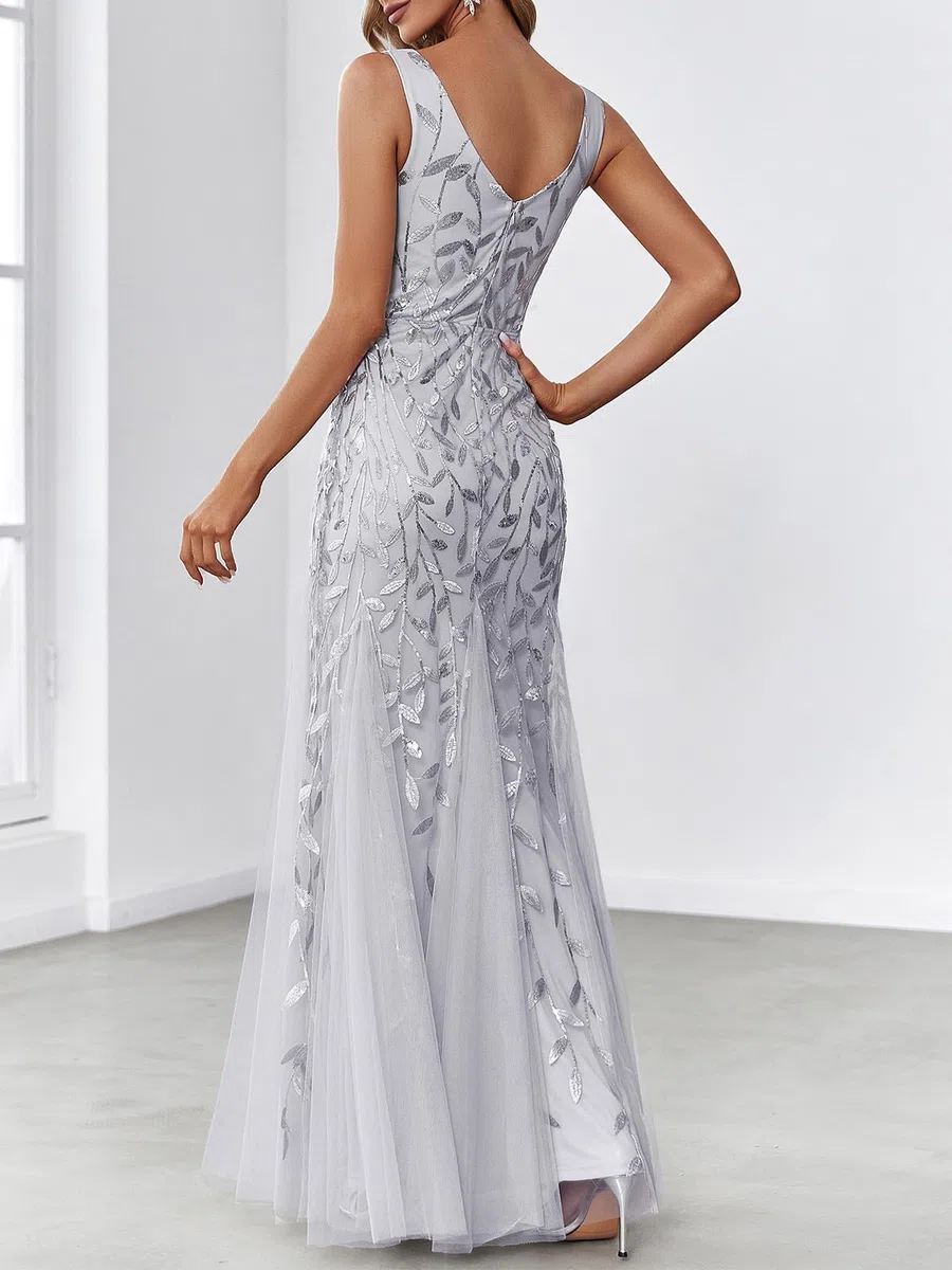 Ever-Pretty a Sirena Tul Vestido de Noche Cuello en V sin Respaldo para Mujer Plateado 52