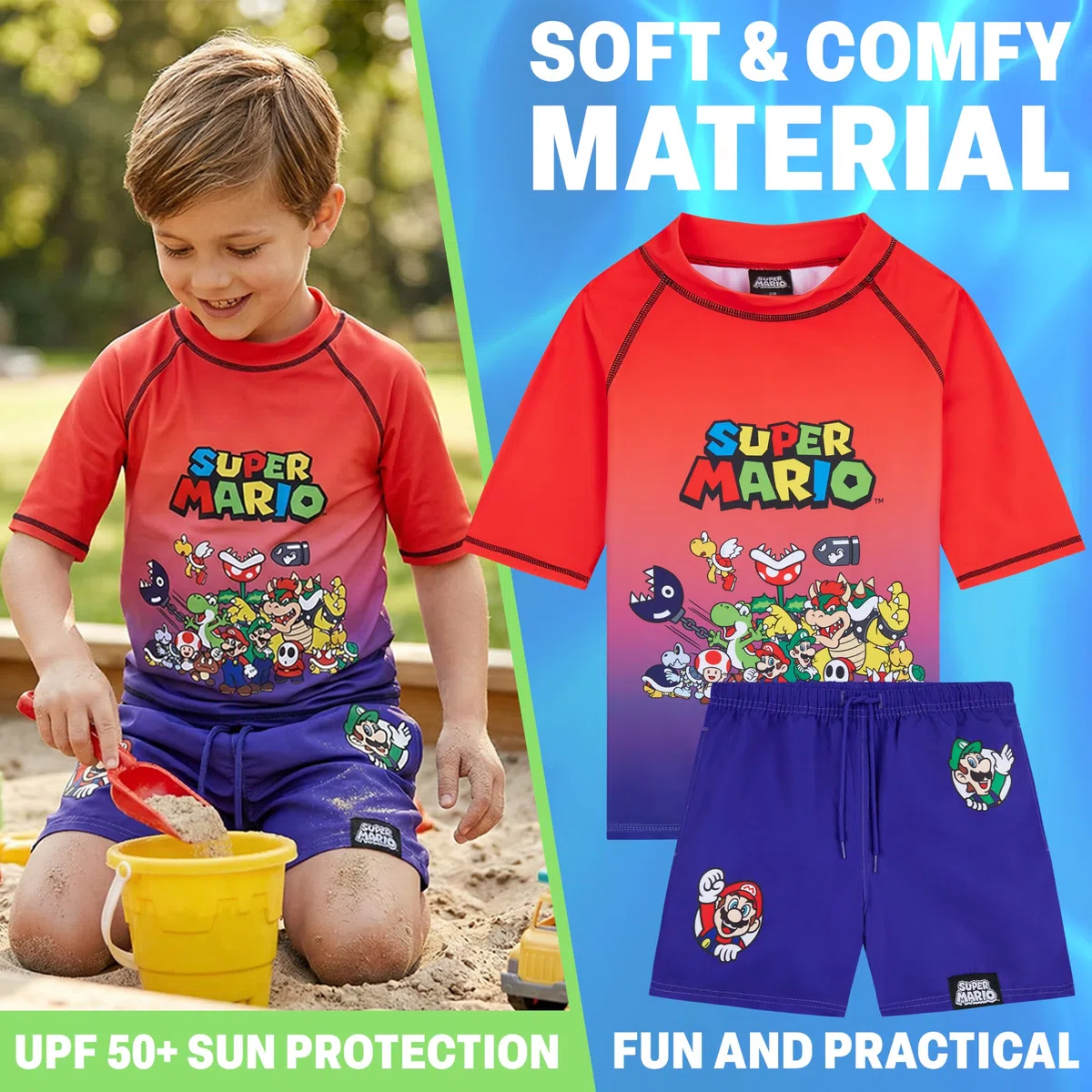 Get Trend Super Mario Conjunto Niño de Baño 7-13 Años, Camiseta Manga Corta UPF 50+ y Bañador Niño, Regalo para Piscina Playa