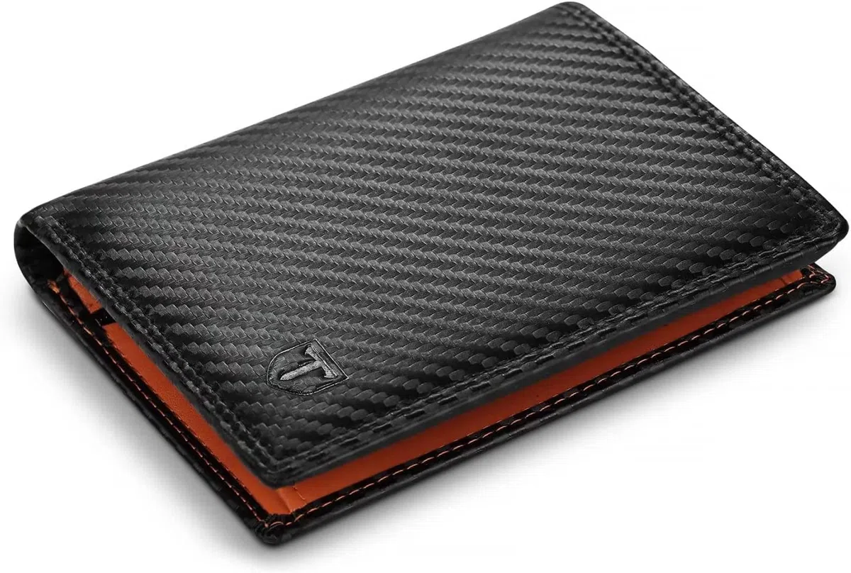 TEEHON Carteras de Cuero de Fibra de Carbono con Bloqueo RFID para Hombre con Bolsillo para Monedas con Cremallera, 11 tarjeteros, 2 Ventanas de identificación, 2 Compartimentos para Billetes
