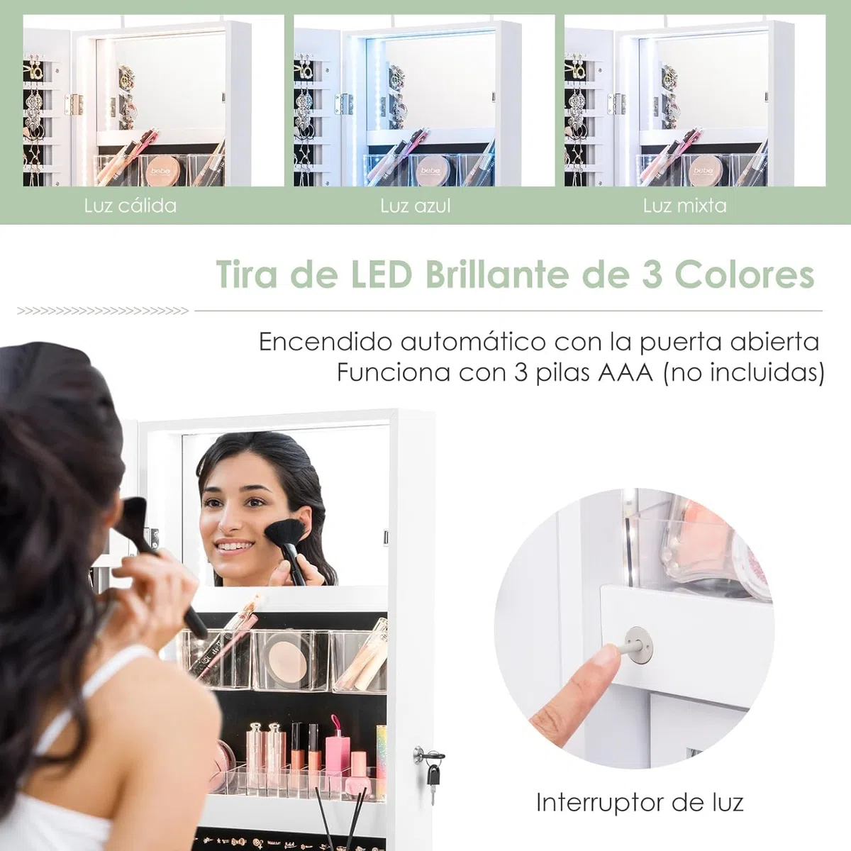 GOPLUS Armario para joyas con espejo, armario con espejo con luz LED de 3 colores, almacenamiento de joyas con cerradura, 37 cm x 10 cm x 135 cm (blanco)