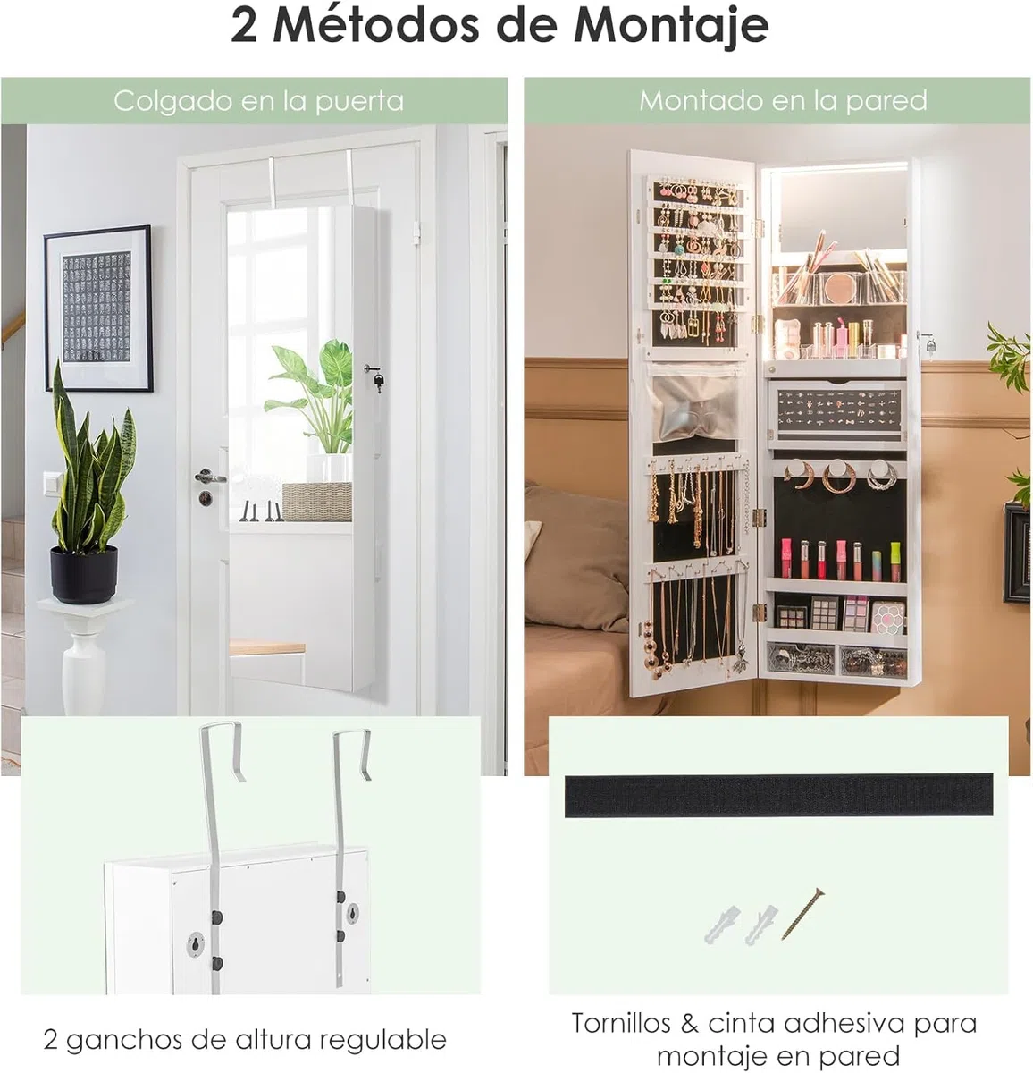 GOPLUS Armario para joyas con espejo, armario con espejo con luz LED de 3 colores, almacenamiento de joyas con cerradura, 37 cm x 10 cm x 135 cm (blanco)