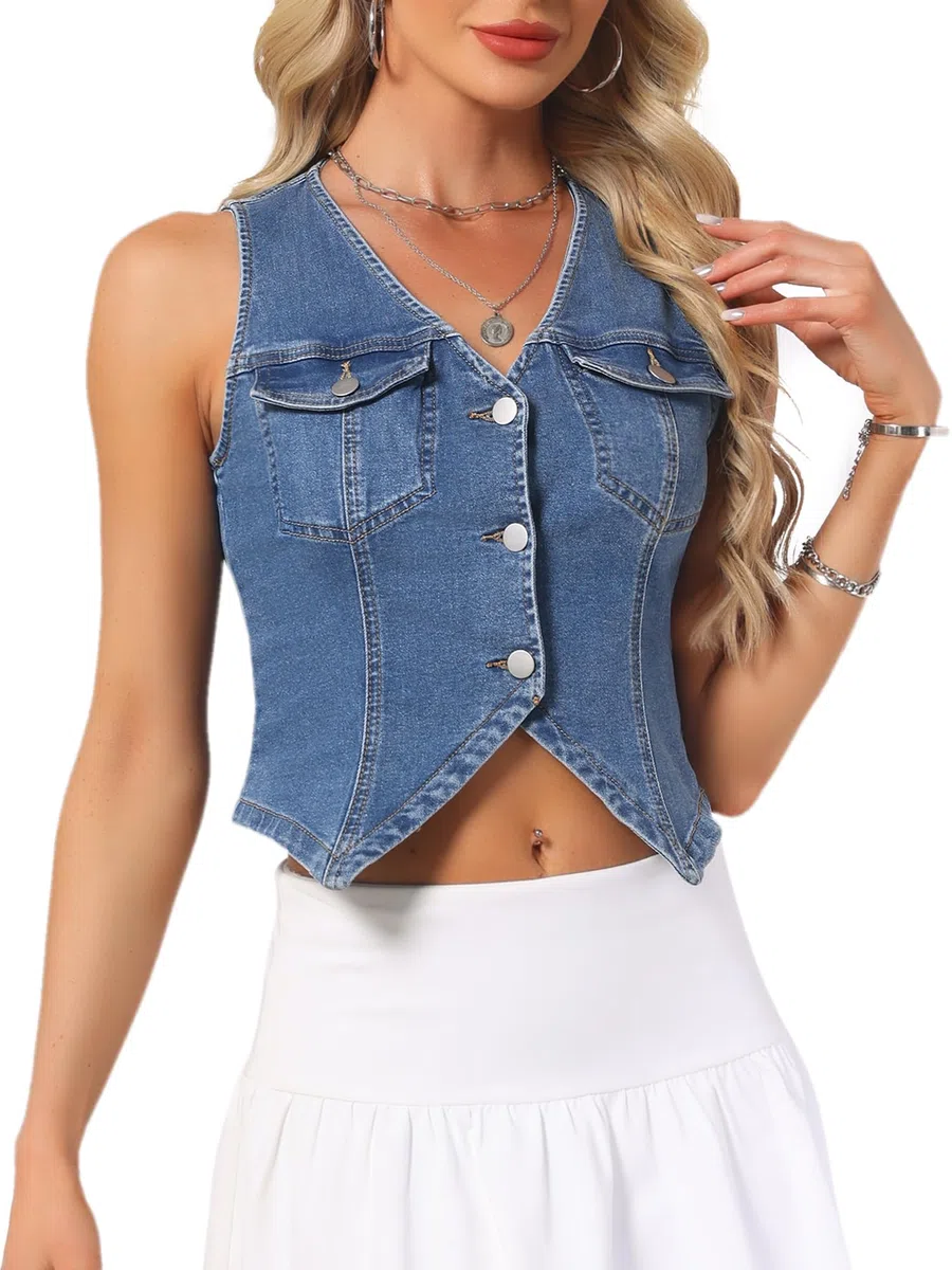 Allegra K Chaleco Vaquero para Mujer sin Mangas Cuello en V Botones Top Corto Chaqueta Vaquera Informal de Verano
