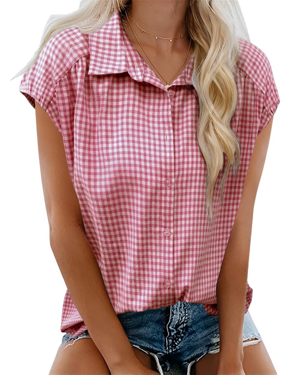 EFFAN Blusa de algodón para mujer, con manga casquillo, cuello en V, para verano, con botones, holgada, para el trabajo 2025
