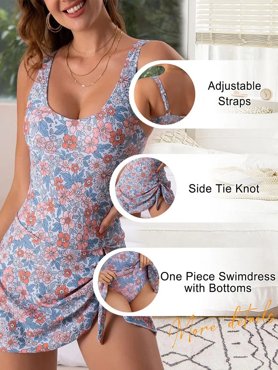 Yutdeng Traje de Baño Mujer Reductor Bañador Vestido con Lazo Vientre Plano Bañador con Falda Push Up con Relleno Flor Ropa de Baño Una Pieza Tallas Grandes Bañadores Mujer Natacion