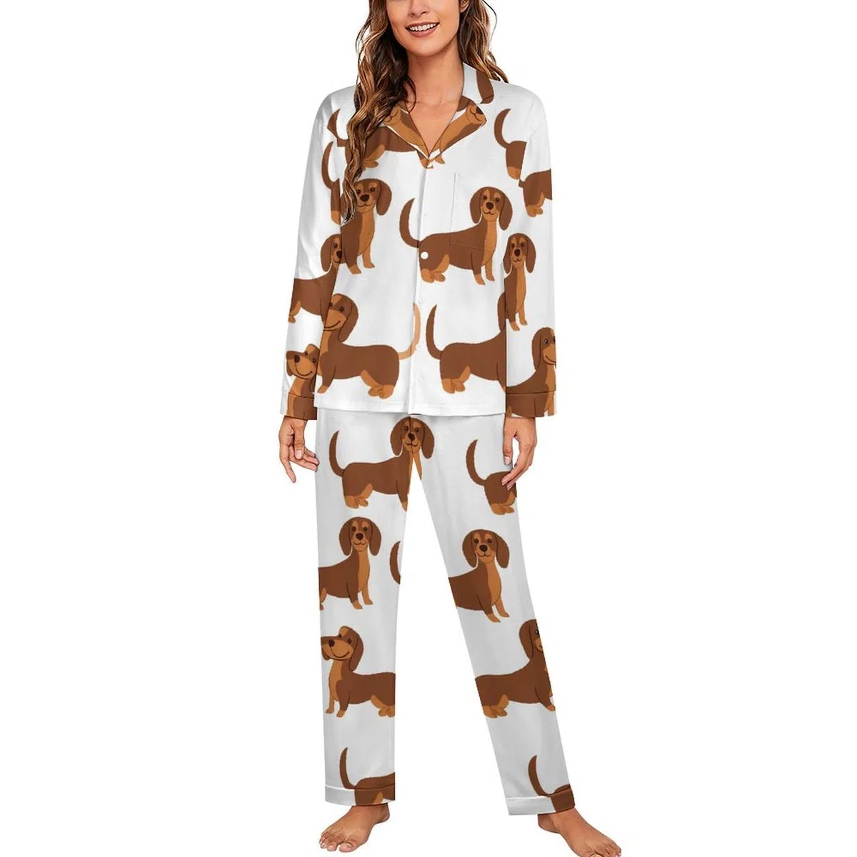Conjunto de pijama elegante para mujer con estampado de perros salchicha, manga larga, botones y pantalones, ropa de descanso, ropa de dormir