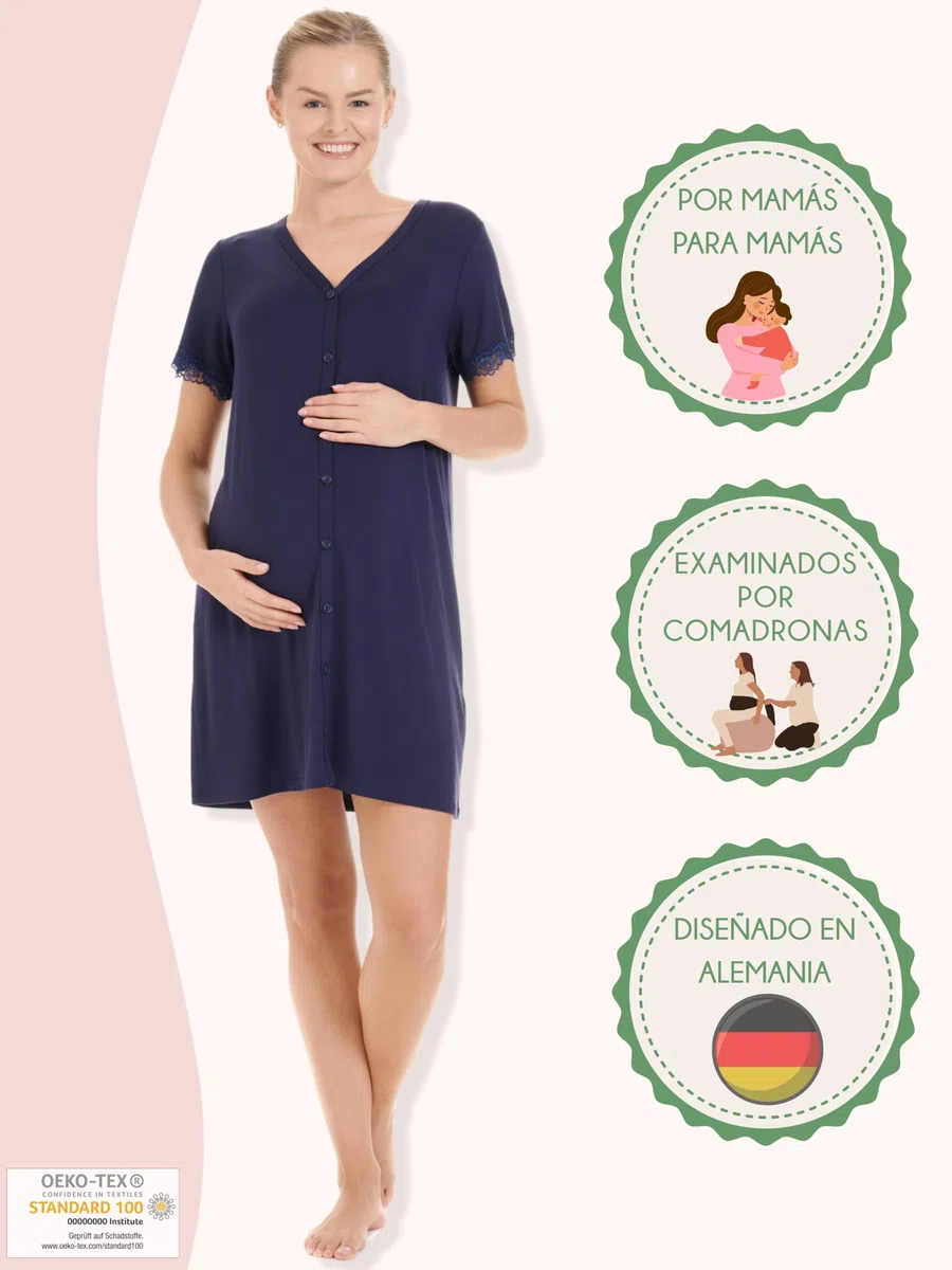 Herzmutter Camisón de Maternidad - Camisones de enfermería y Embarazo - Camisones de Maternidad del Hospital - Camisones para la Futura mamá – Flores–patrón–Tira–marítimo - 2800