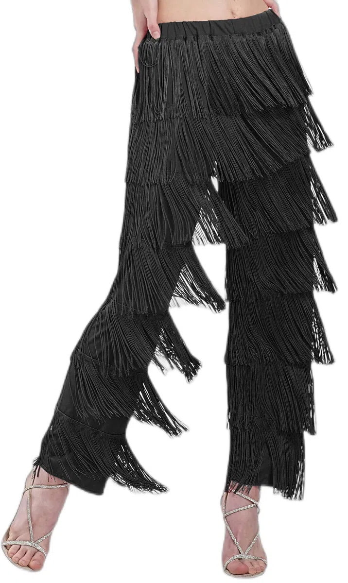 ZBH1985 Pantalones de Baile Latino para Mujer, con borlas, para Baile de salón, Profesional, Negro, con Flecos, Rumba, Tango, Salsa, Pantalones de práctica