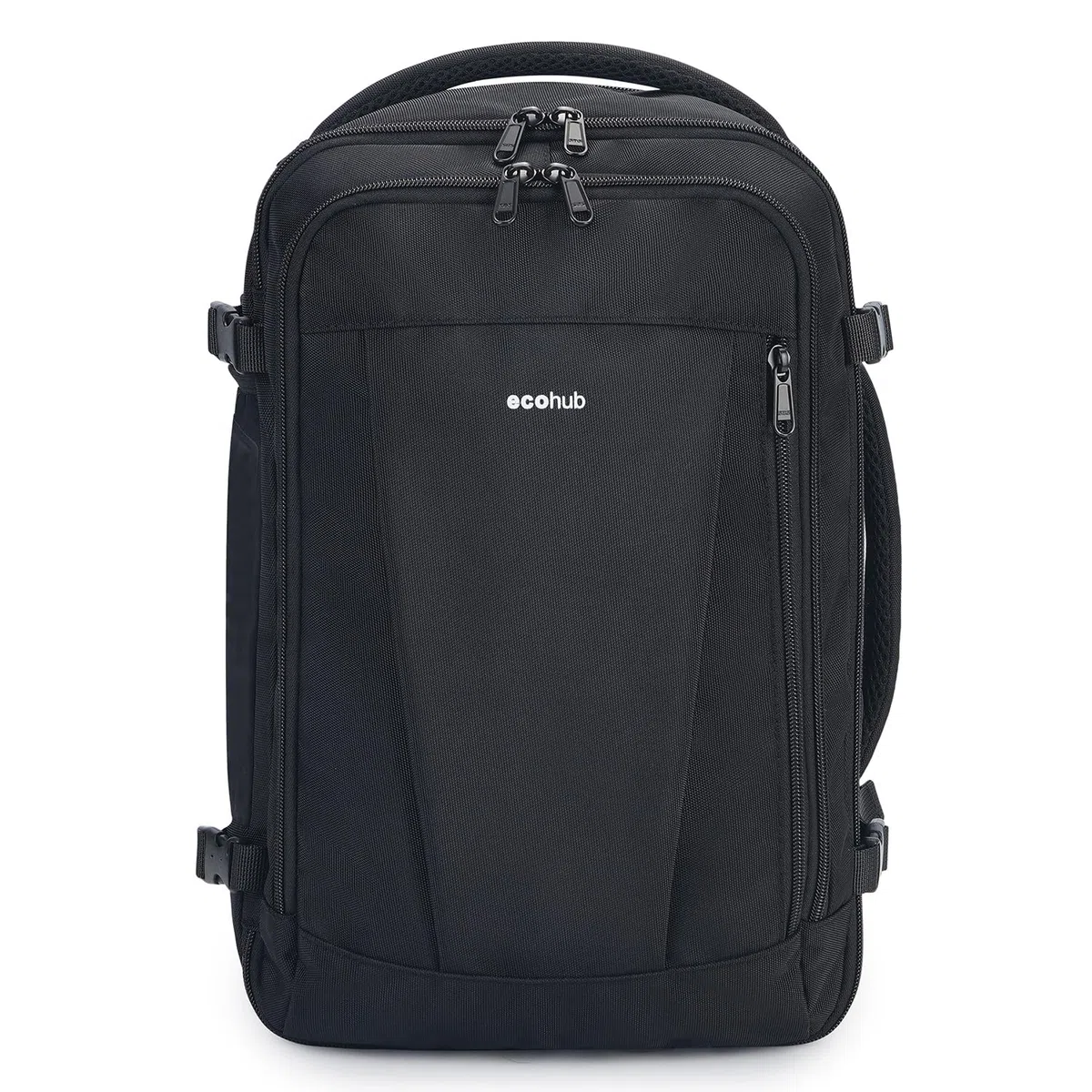ECOHUB Mochila de Viaje Cabina Avion 40x20x25 Ryanair Con 13 Compartimentos Para Mujer y Hombre, Maleta Debajo del Asiento, Equipaje de Mano 40x30x20 20L, Recicladas, Patentado, Negro