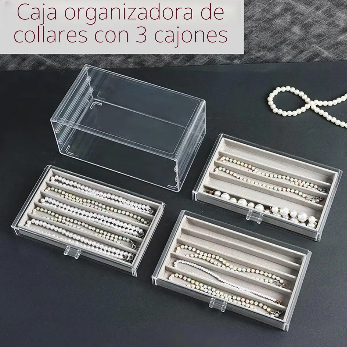Caja de almacenamiento de collar, caja organizadora de acrílico con bandeja de terciopelo, soporte a prueba de polvo para mujeres y niñas (gris, 3 cajones)