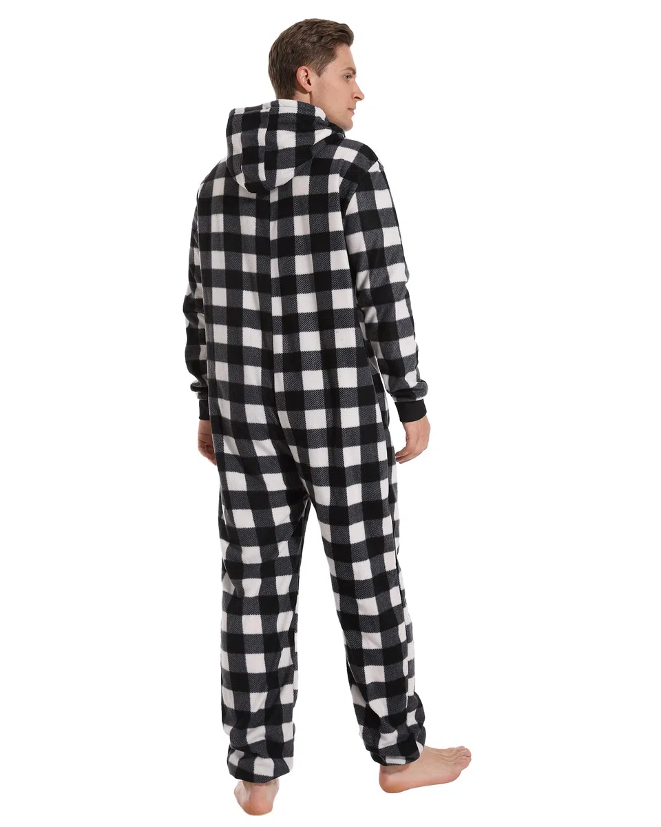 Pijama Adulto Cuadros Onesie de Navidad Mono con Capucha y Cremallera Familia Homewear Sleepwear Mujeres Hombres