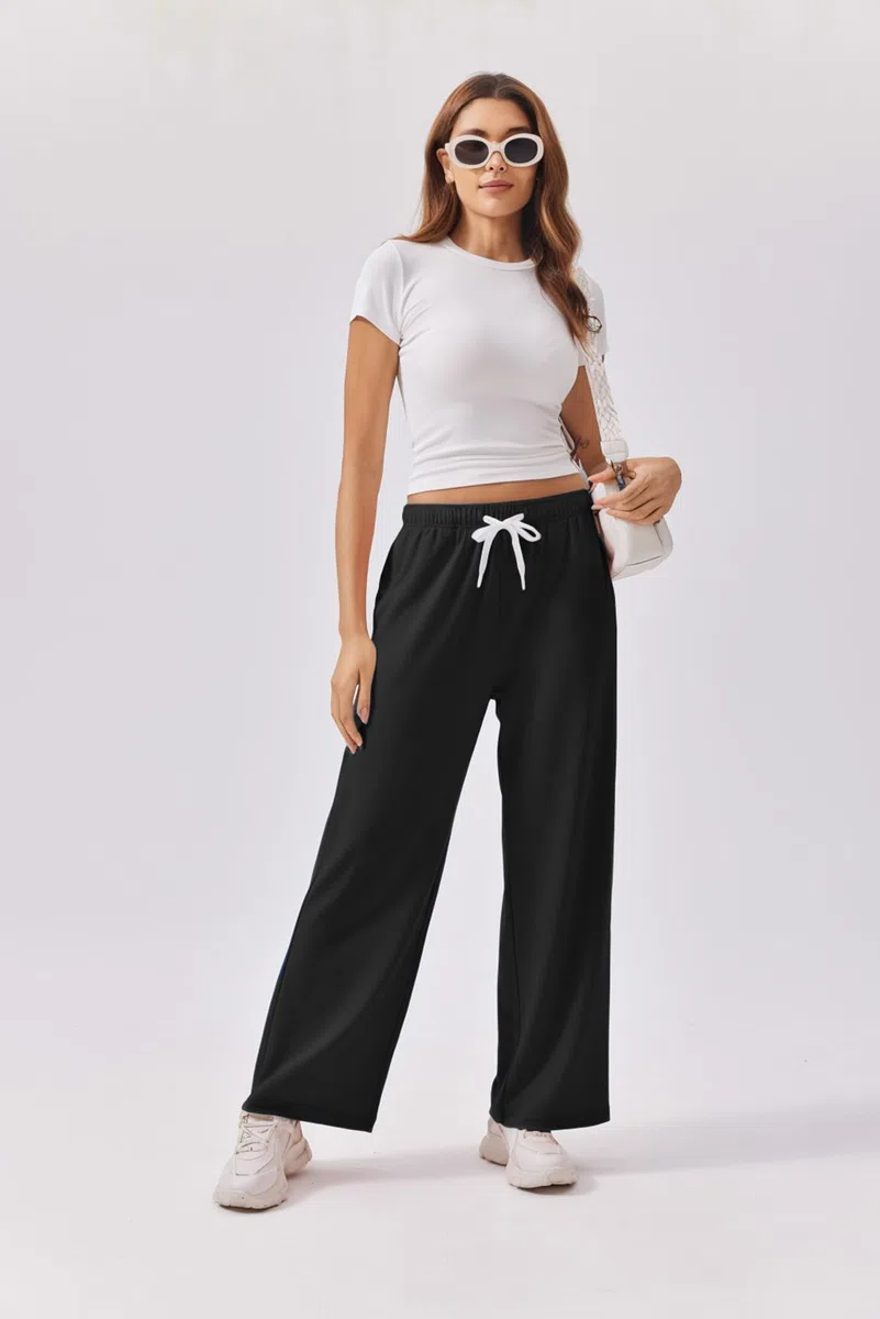PINSPARK Pantalones de chándal para mujer, pantalones de deporte largos y holgados, pantalones de entrenamiento de cintura alta, pantalones de chándal sueltos con cintura elástica, pierna recta ancha
