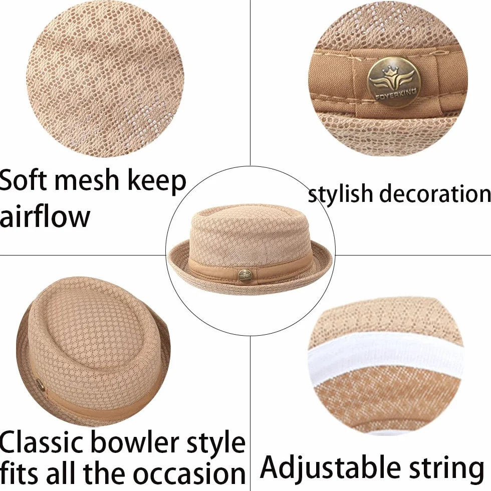 ZffXH Sombrero Pork Pie Hombre, 2 Piezas De Malla De Verano, Sombrero De Pastel De Cerdo, Sombreros De Bolos, Sombreros Frescos para Fiesta En La Playa, Gorra De Barco, Sombreros De Paja para Fiesta