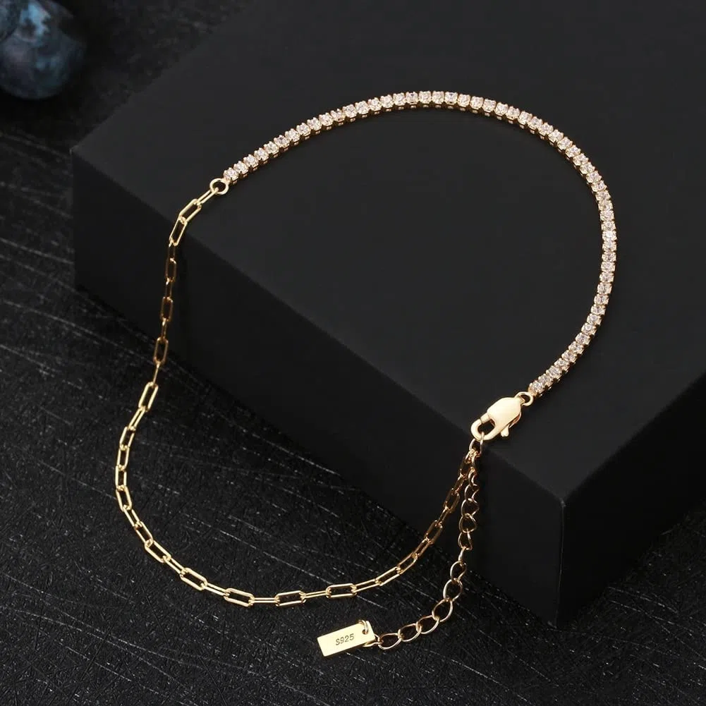Pulsera de pie, cadenas for el tobillo, 2 piezas / juego 925 Cadena de eslabones de marinero de plata esterlina Tobilleras con clip de papel de tenis for mujeres Correas de cadena de pie de verano Joy