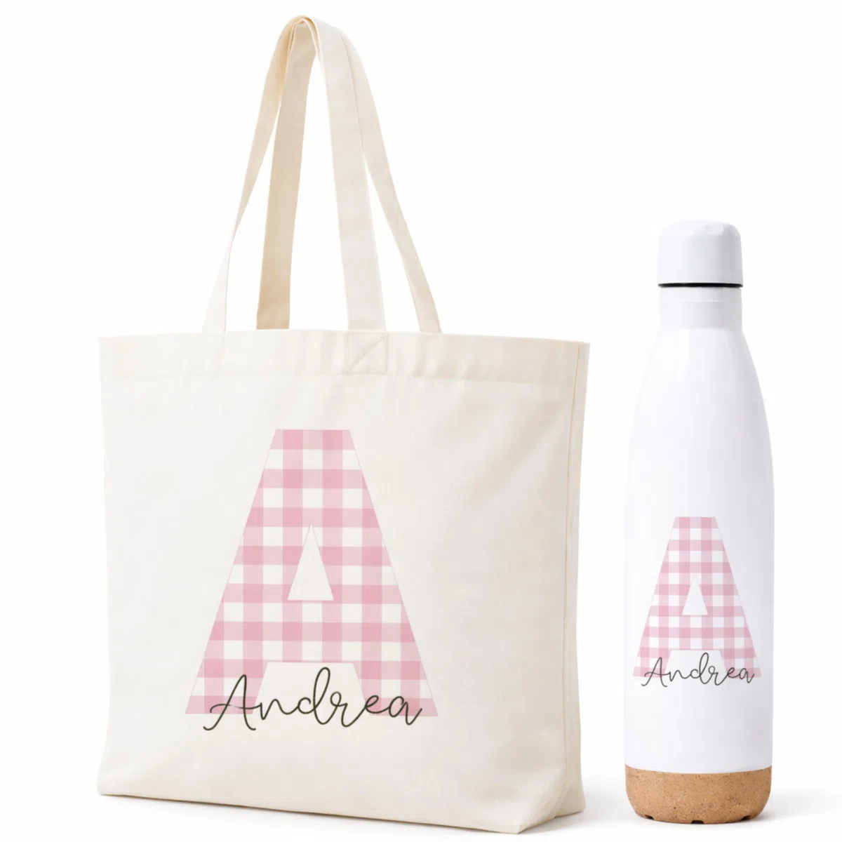 Gifters | Pack Bolsa y Botella Personalizadas con Inicial y Nombre | Estampado Cuadros Vichy | Tote Bag + Botella Acero Inoxidable 750 ml | Regalo Original Mujer, Amiga, Madre, Navidad, Cumpleaños