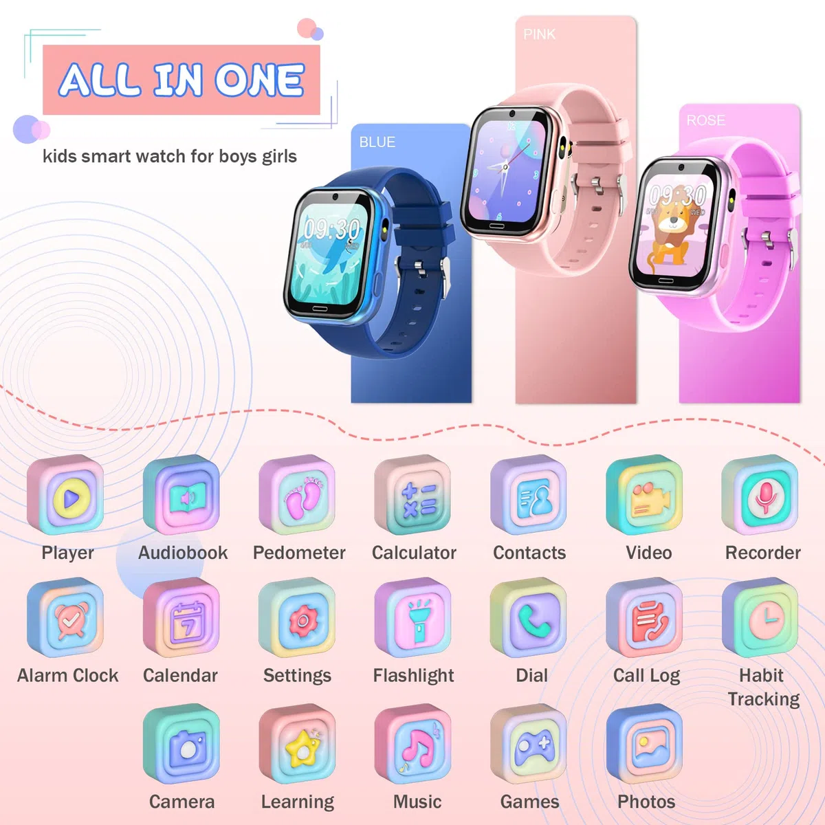 Lylica Reloj Inteligente Niños - Smartwatch Niño para y Niña con Podómetro, 19 Juegos, Llamadas, SOS, Música, Linterna, Juguetes para niños de 3-12 años Navidad Cumpleaños Regalo (Rosa)