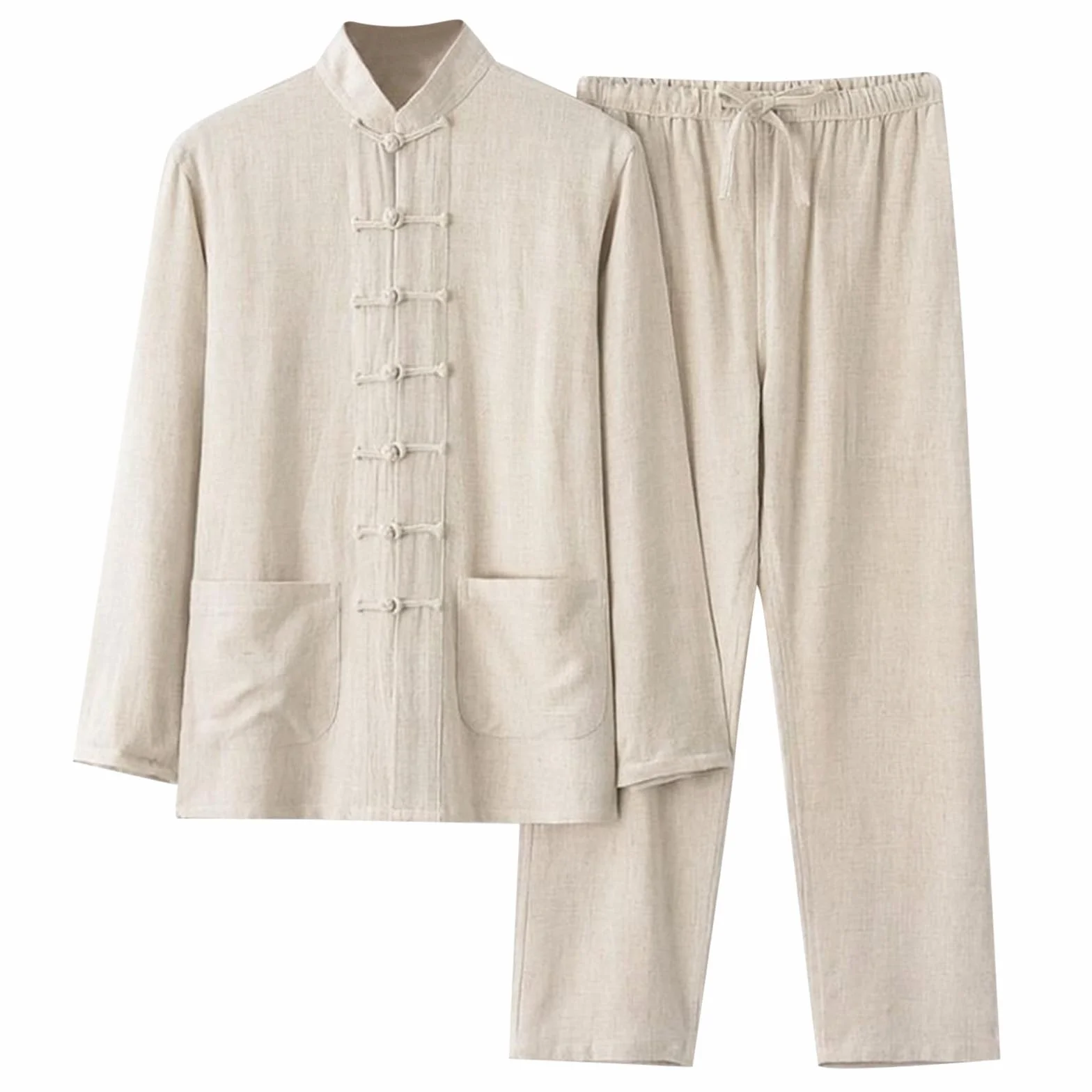 Traje de hombre estilo chino tradicional Kung Fu Tai Chi Traje de lino 2 piezas manga larga algodón lino camisa y pantalones ligeros transpirables verano casual traje de chándal