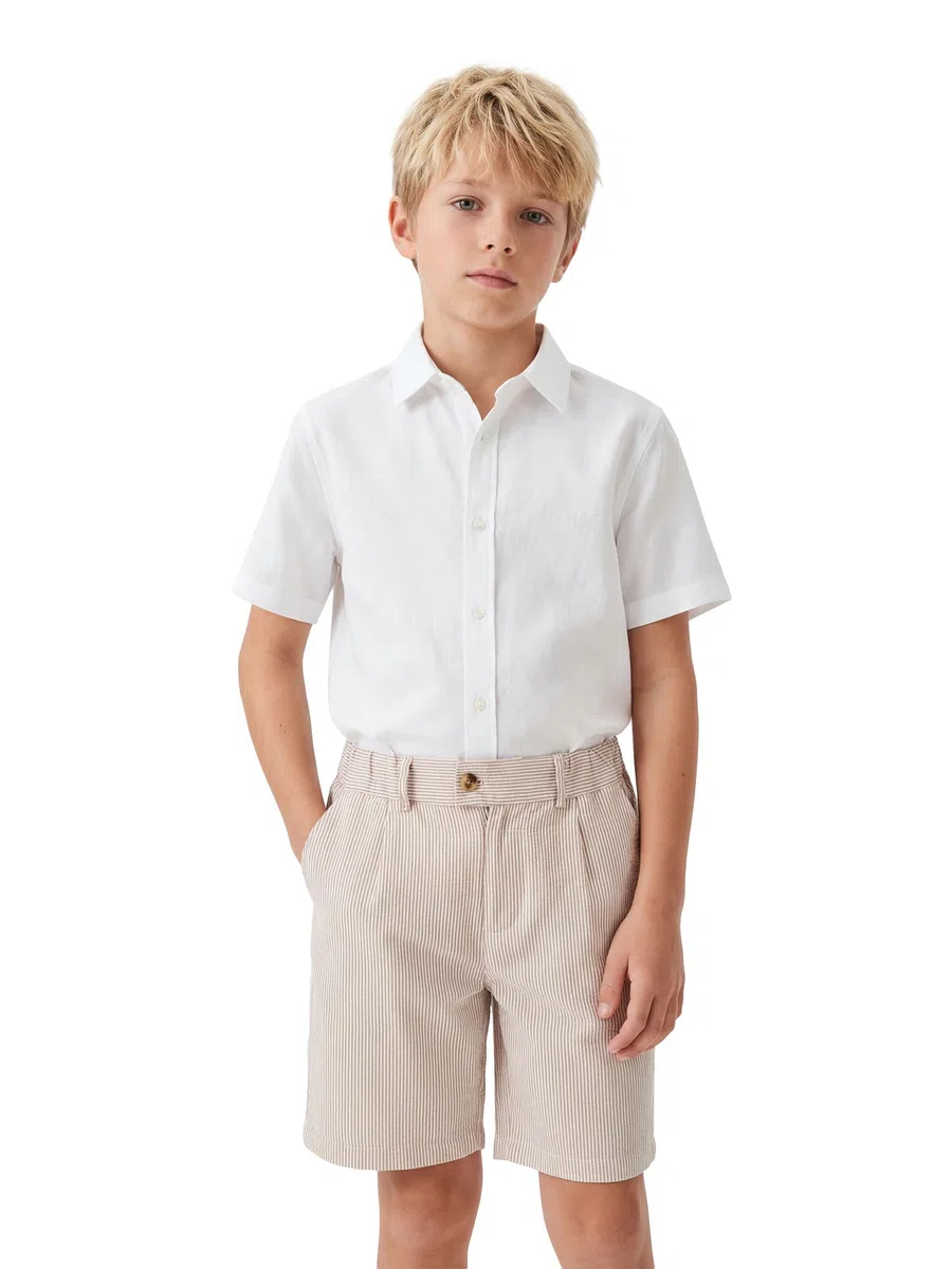 LOLANTA Pantalones Cortos de Seersucker Niños Shorts Elegantes y Ligeros de Mezcla de Algodón, Cintura Ajustable con Bolsillos para Playa, Bodas y Uso Diario