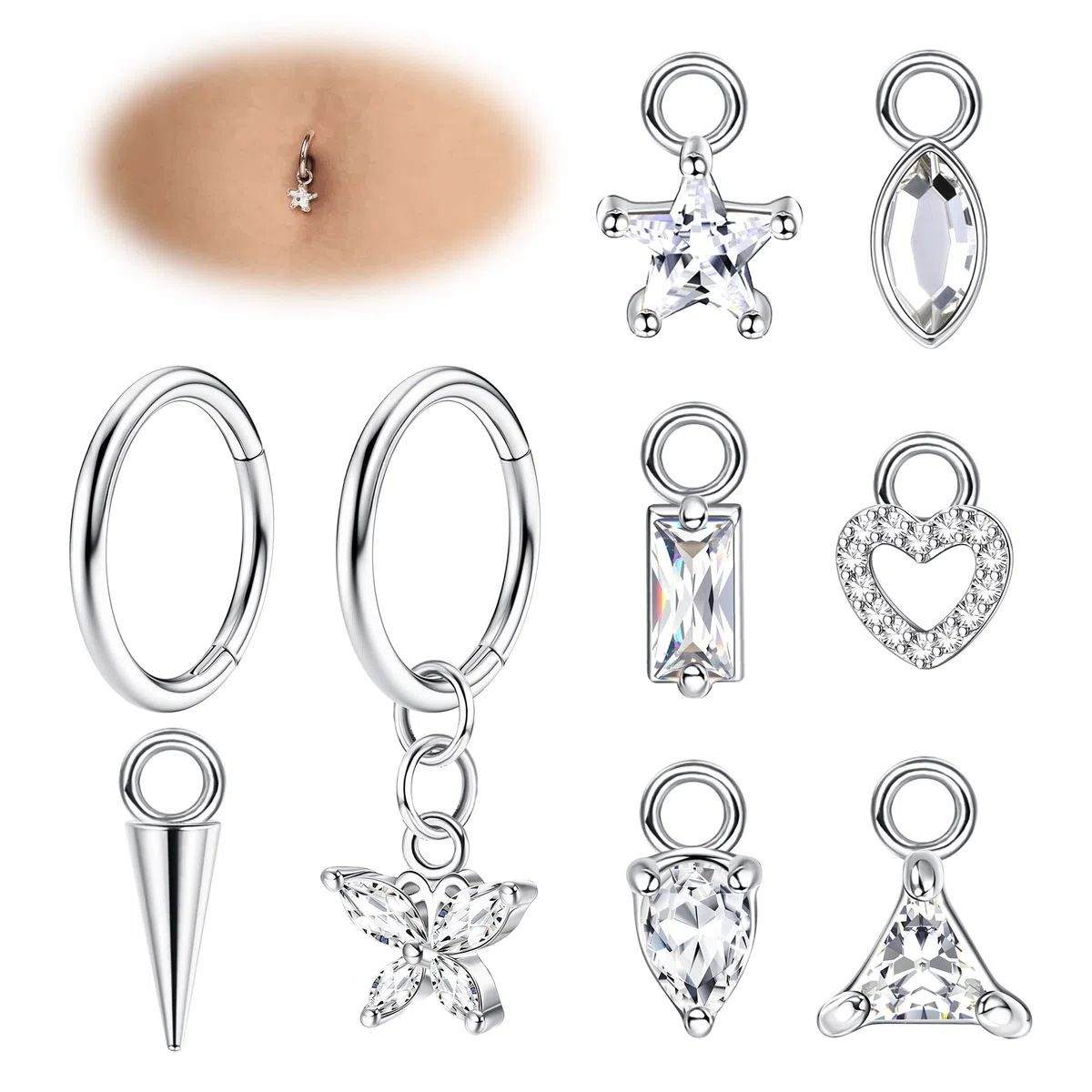 Adramata 14G Piercing Ombligo Acero Quirúrgico Hipoalergénico, Aro Hélice Cartílago Trago Oreja, Plata Oro Colgante Corporal para Mujer