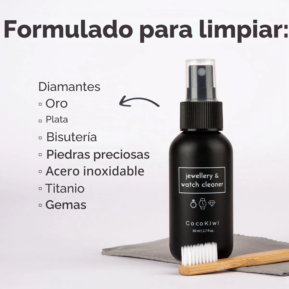 Solución limpiadora de joyas, kit de limpieza de relojes, oro y plata, limpiador de collares, pendientes y anillos, 80 ml, restaura el brillo con el paño y el cepillo incluidos