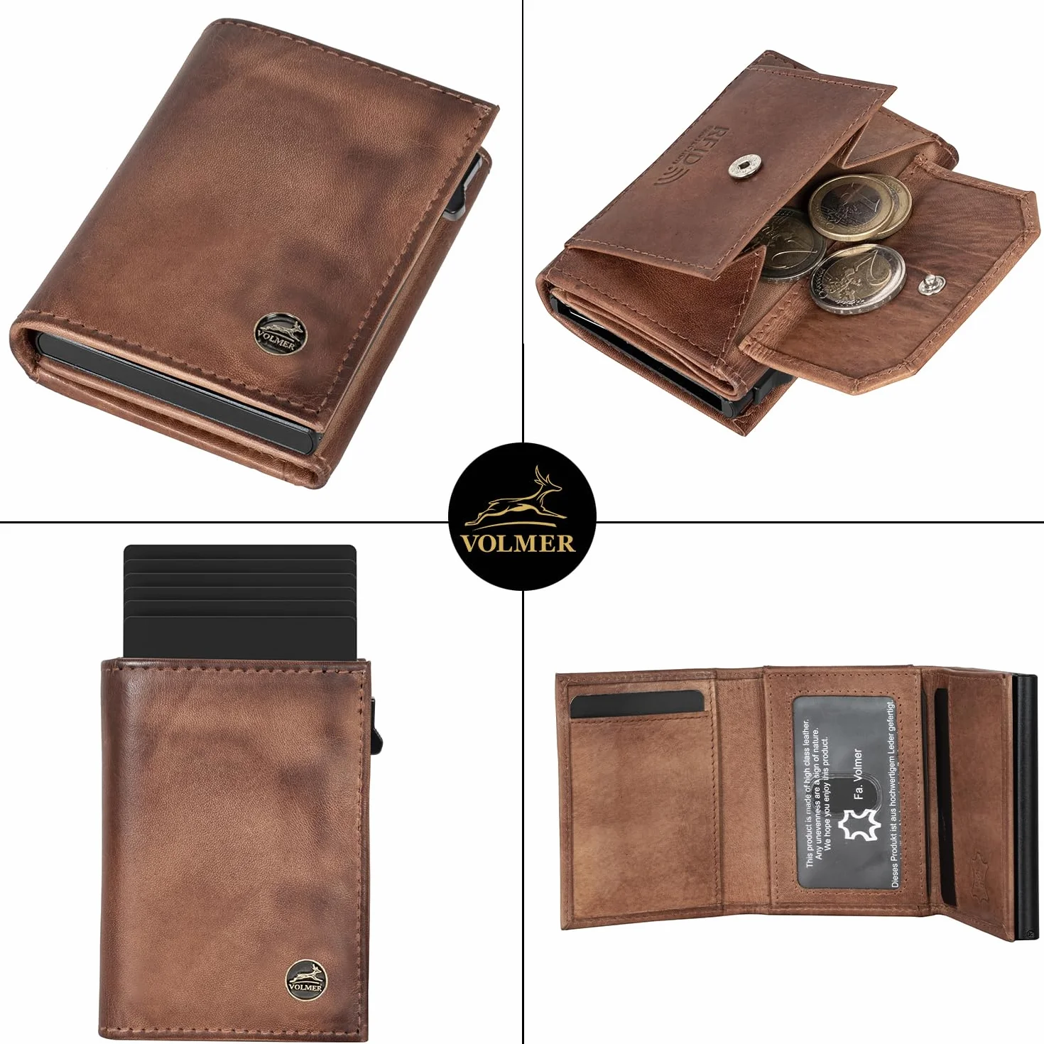 Fa.Volmer Pop-UP VO44P - Tarjetero con Compartimento para Monedas de Piel auténtica para Hombre y Mujer, 11 Tarjetas, protección RFID, Anteque Brown, 6 x 9,5 x 2,5cm, Contemporáneo